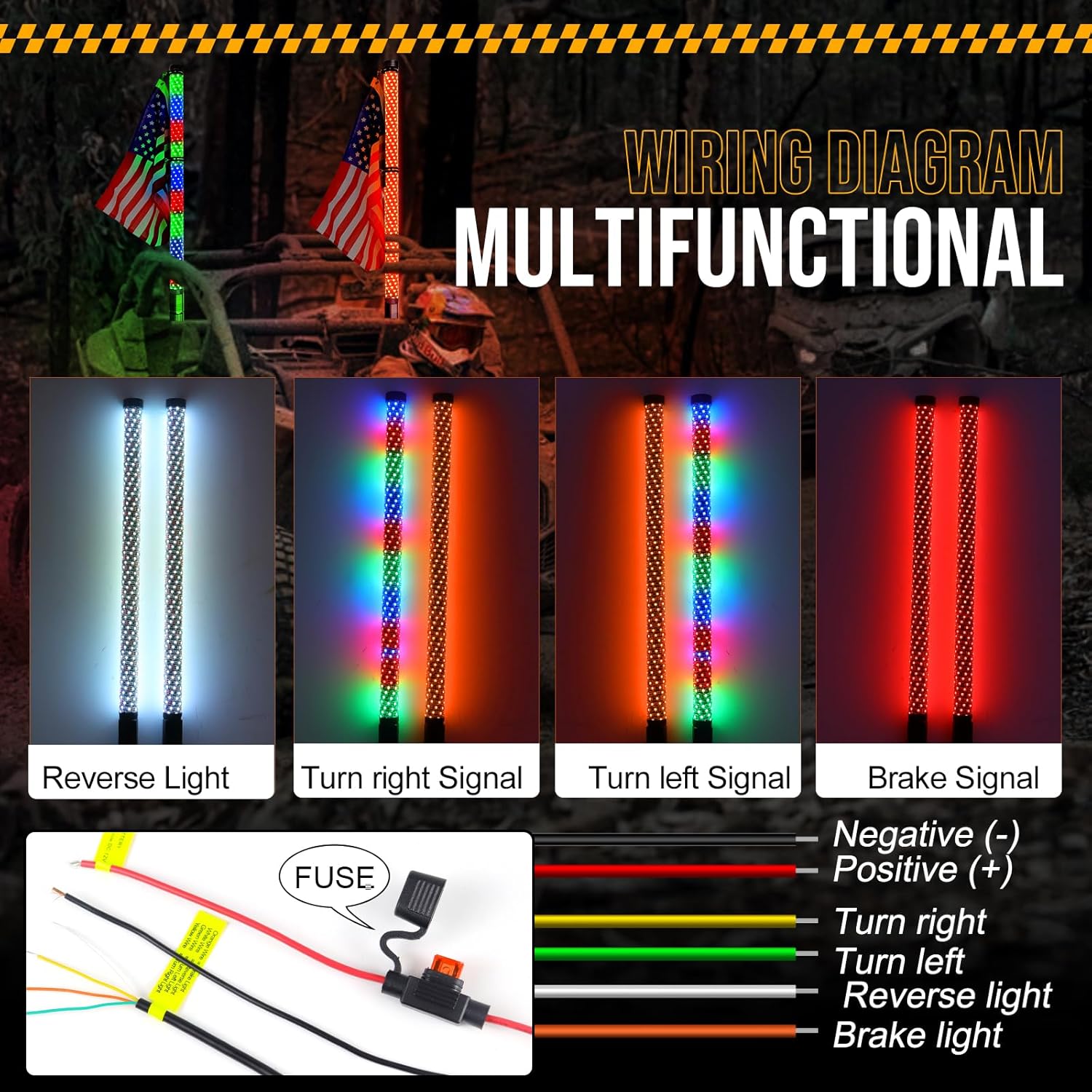 2 luces de látigo de grasa de 2 pies UTV con interruptor basculante, antena de alto brillo látigos lado a lado con direcciónfreno y ajuste inverso