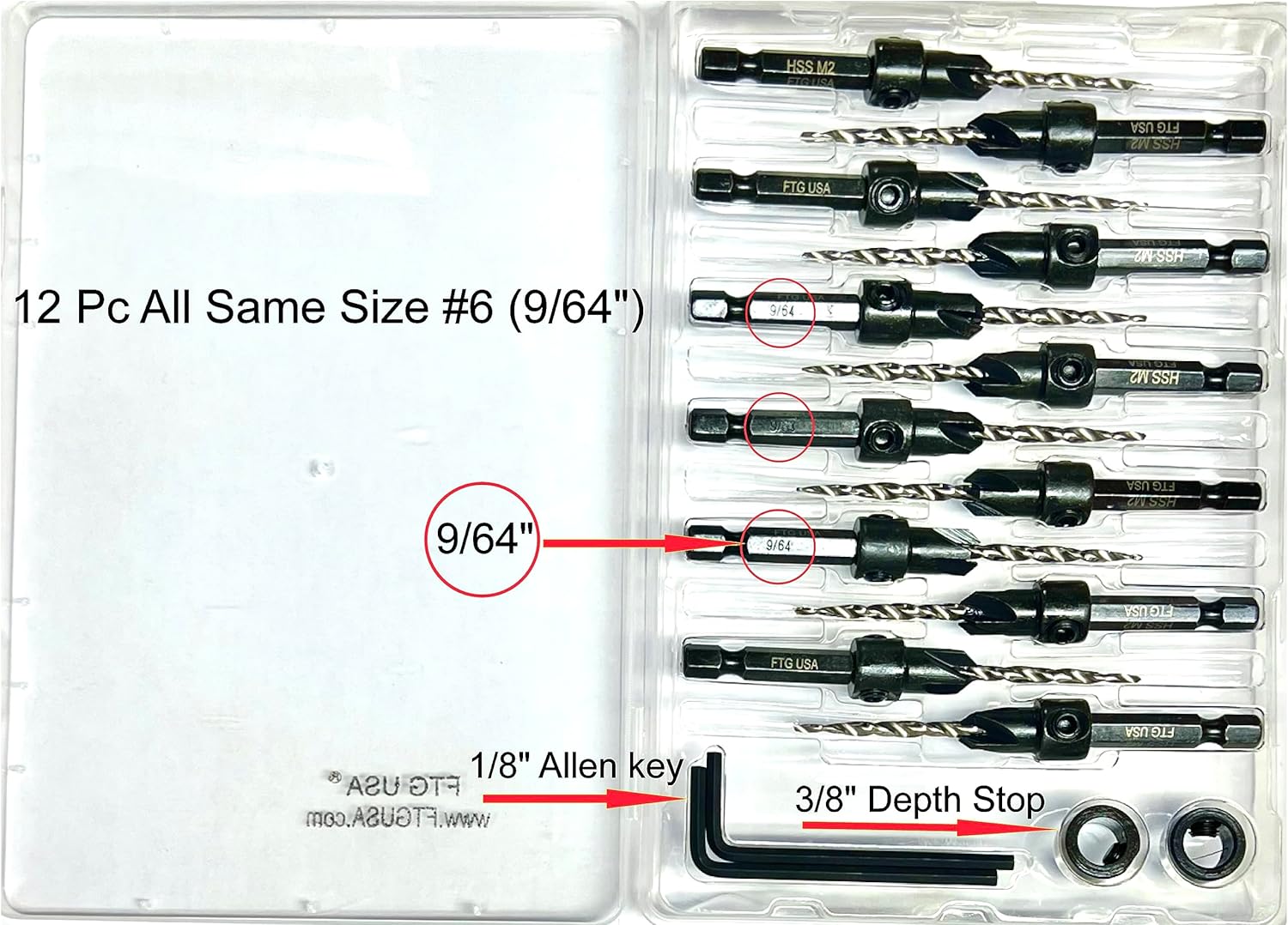 FTG USA Juego de brocas avellanadoras para 12 piezas, FTG ajustable, caja de plástico utilizada como estuche de almacenamiento para brocas