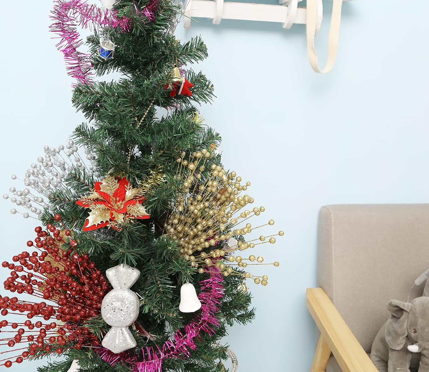Nevperish 100 adornos artificiales de tallo de bayas con purpurina de 13.8 pulgadas, púas decorativas de Navidad, ramas para decoración de árbol de