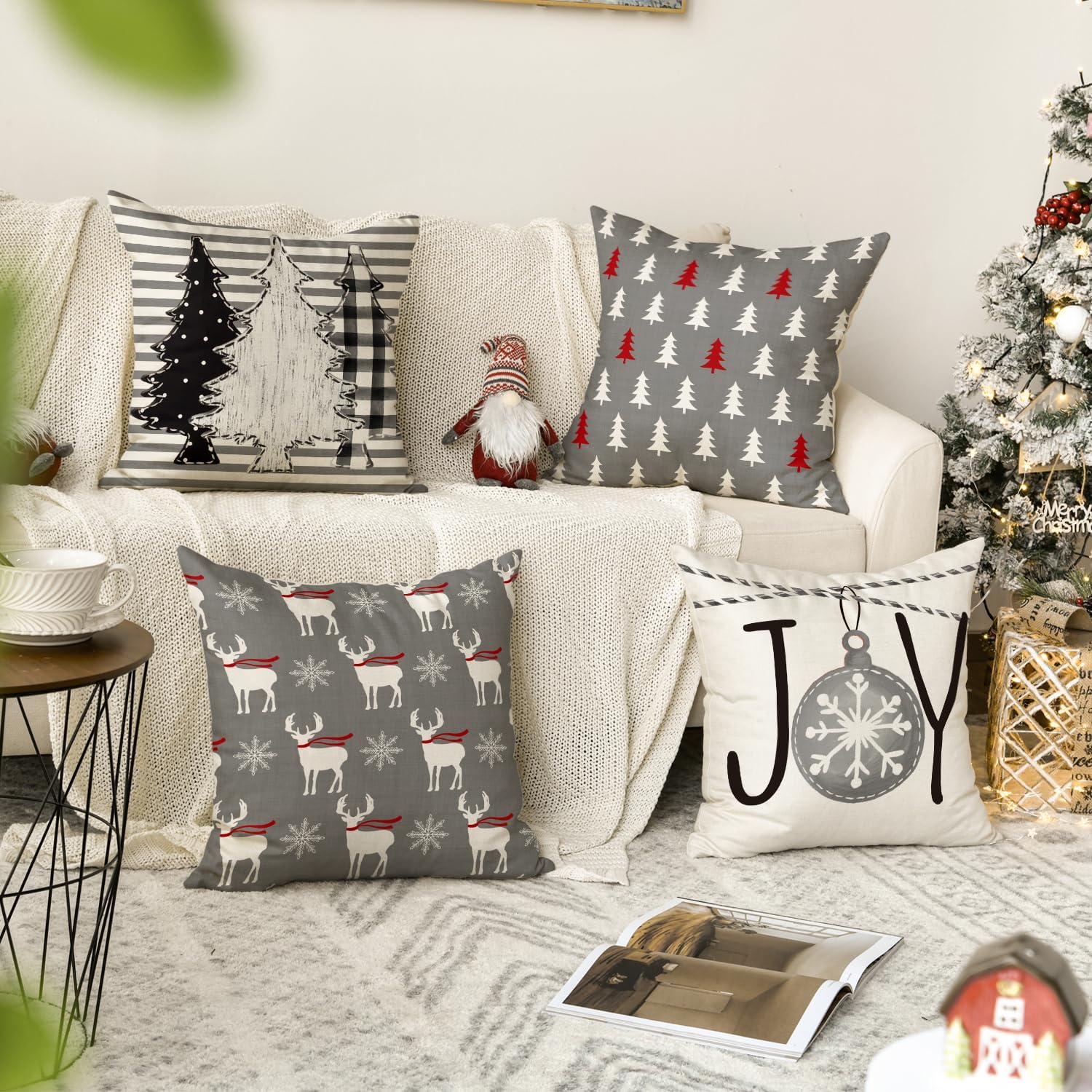AVOIN colorlife Juego de 4 fundas de almohada con diseño de árboles de Navidad, 18 x 18 pulgadas, diseño navideño de Navidad y vacaciones de
