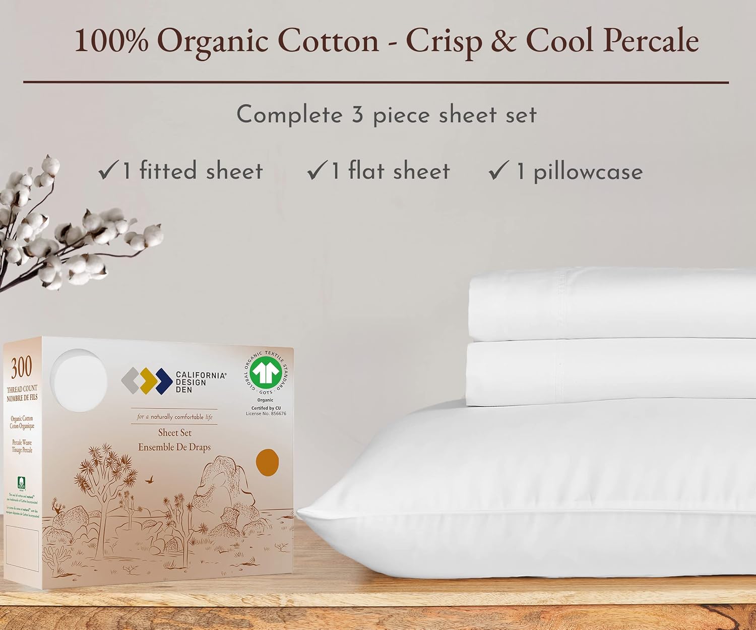 California Design Den – Juego de sábanas, 100% de algodón orgánico, de percal, suaves, frescas y refrescantes, con certificado de la Norma Mundial