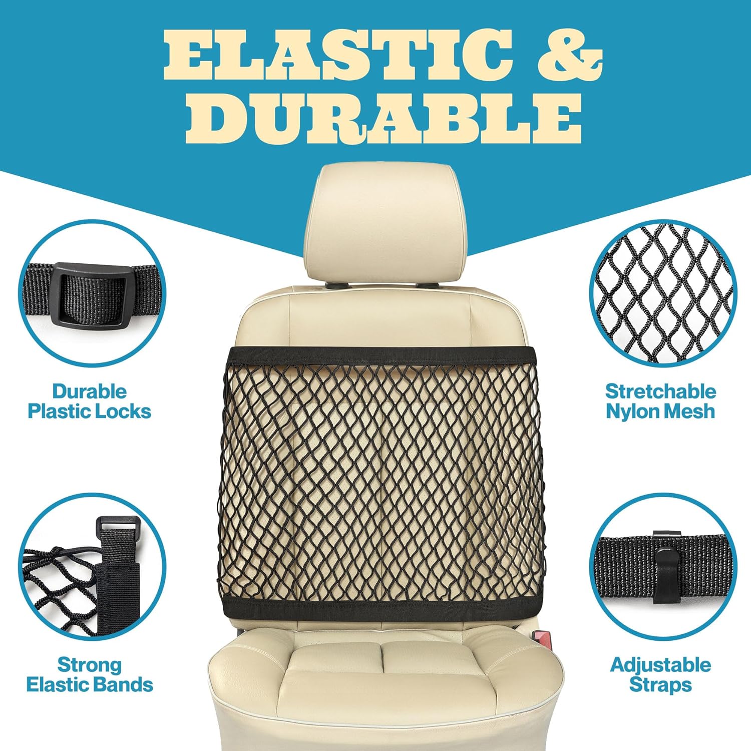 Red para asiento de coche y organizador de asiento delantero de automóvil, red elástica versátil que se adapta a la mayoría de tamaños y formas, se