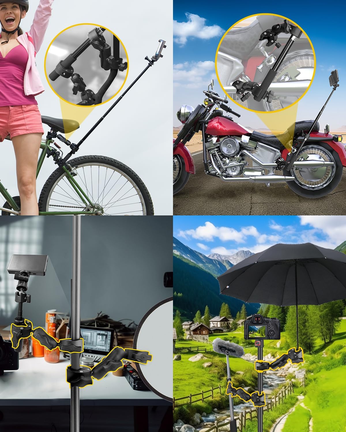 Abrazadera doble para cámara, 7.28″18.5cm y 8.86″22.5cm, doble abrazadera mágica, soporte de abrazadera para manillar de motocicleta para soporte de
