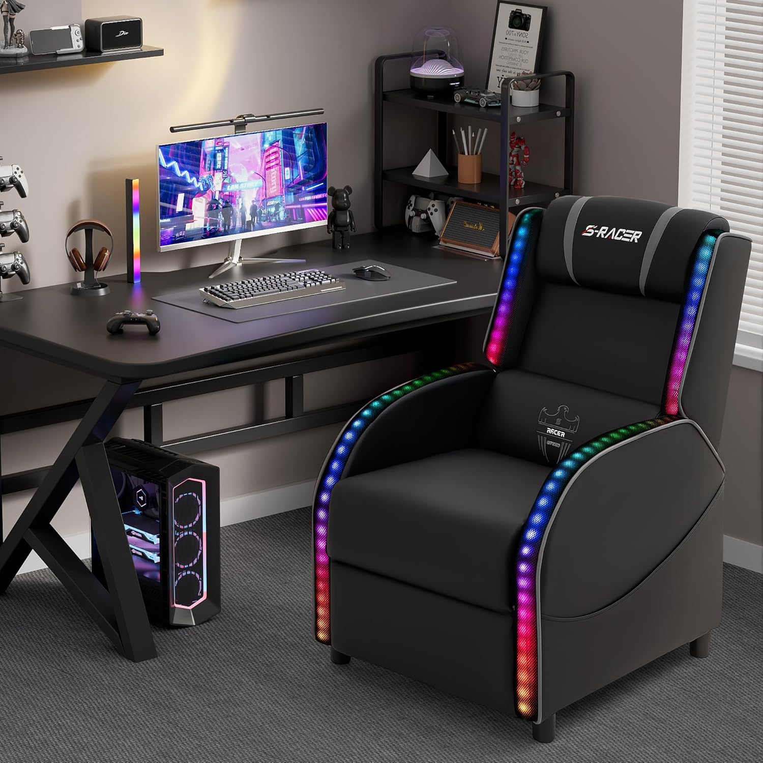 Homall Silla reclinable de masaje LED para juegos, estilo carreras, sofá reclinable de piel sintética, cómodo asiento ergonómico para cine en casa