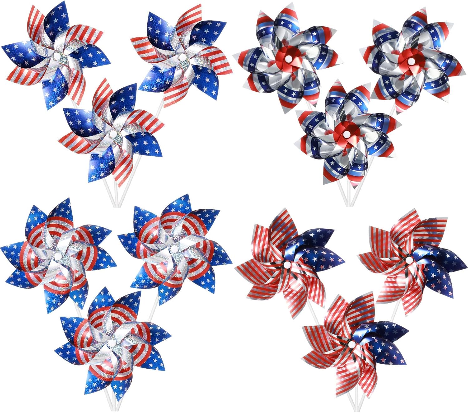 12 molinetes reflectantes de 7 pulgadas, molinete patriótico con patrón de bandera estadounidense para celebrar el Día de la Independencia,