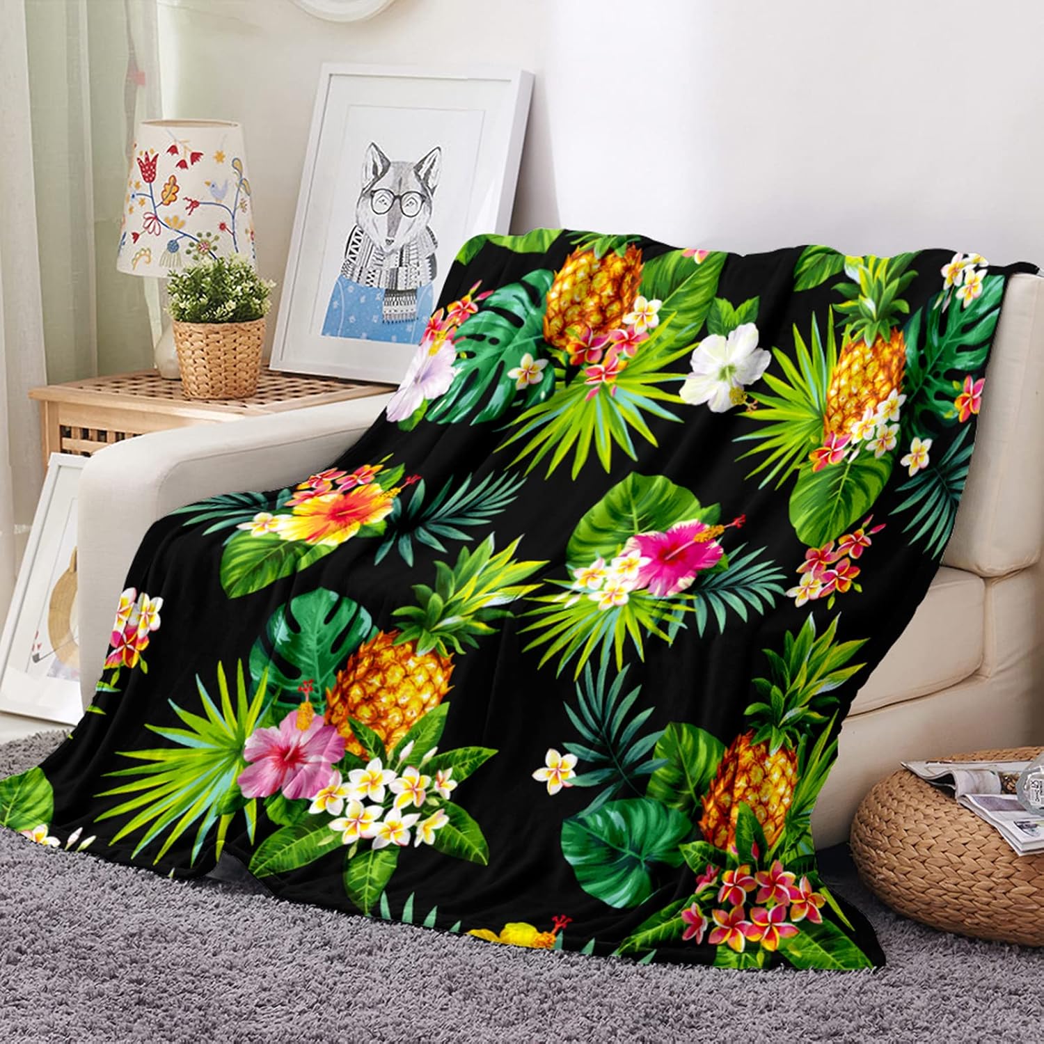 Wesan Manta floral de piña para cumpleaños para mujeres, niños y niñas, coloridas flores tropicales y hojas, manta de follaje para dormitorio,