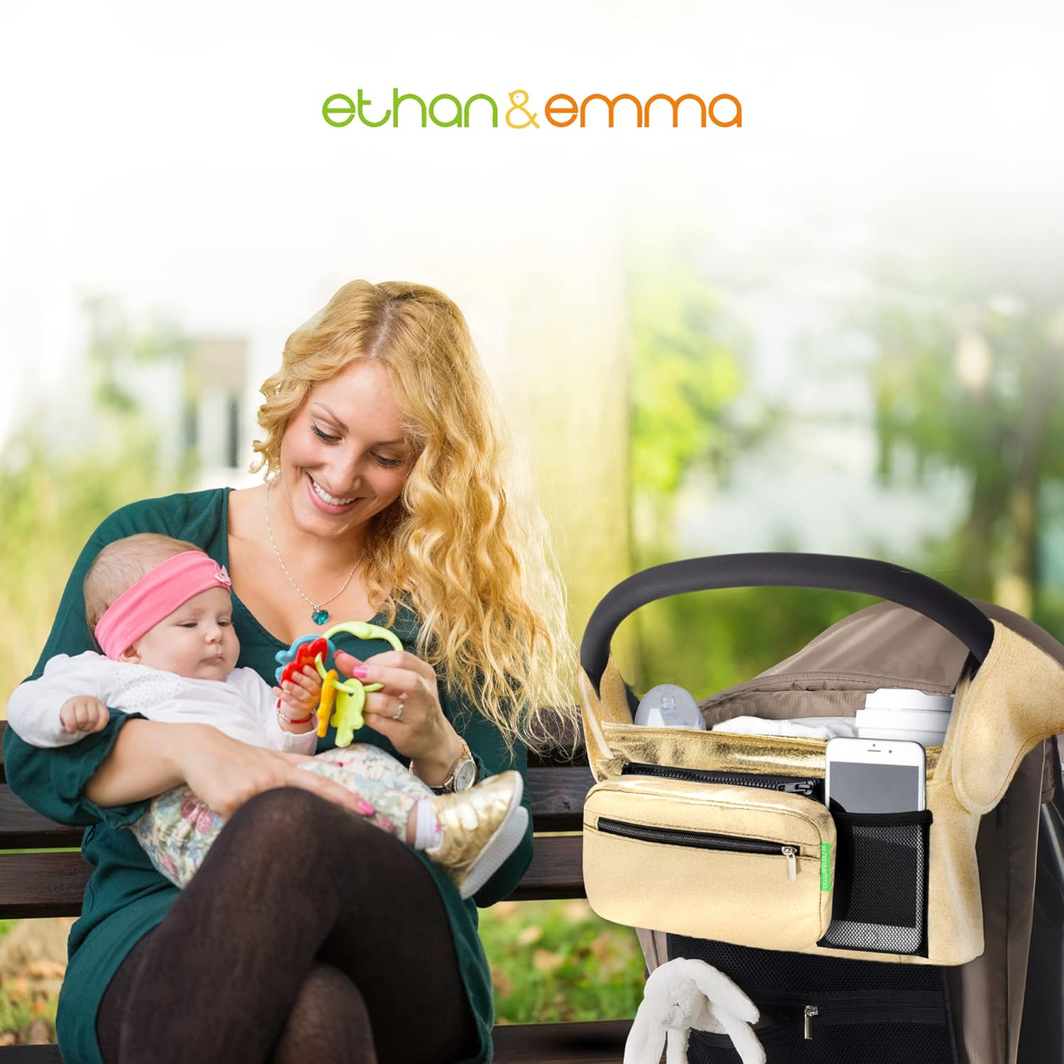 Ethan & Emma Organizador universal para cochecito. Eleva tu experiencia con portavasos aislados, almacenamiento de pañales, correas seguras, bolsa