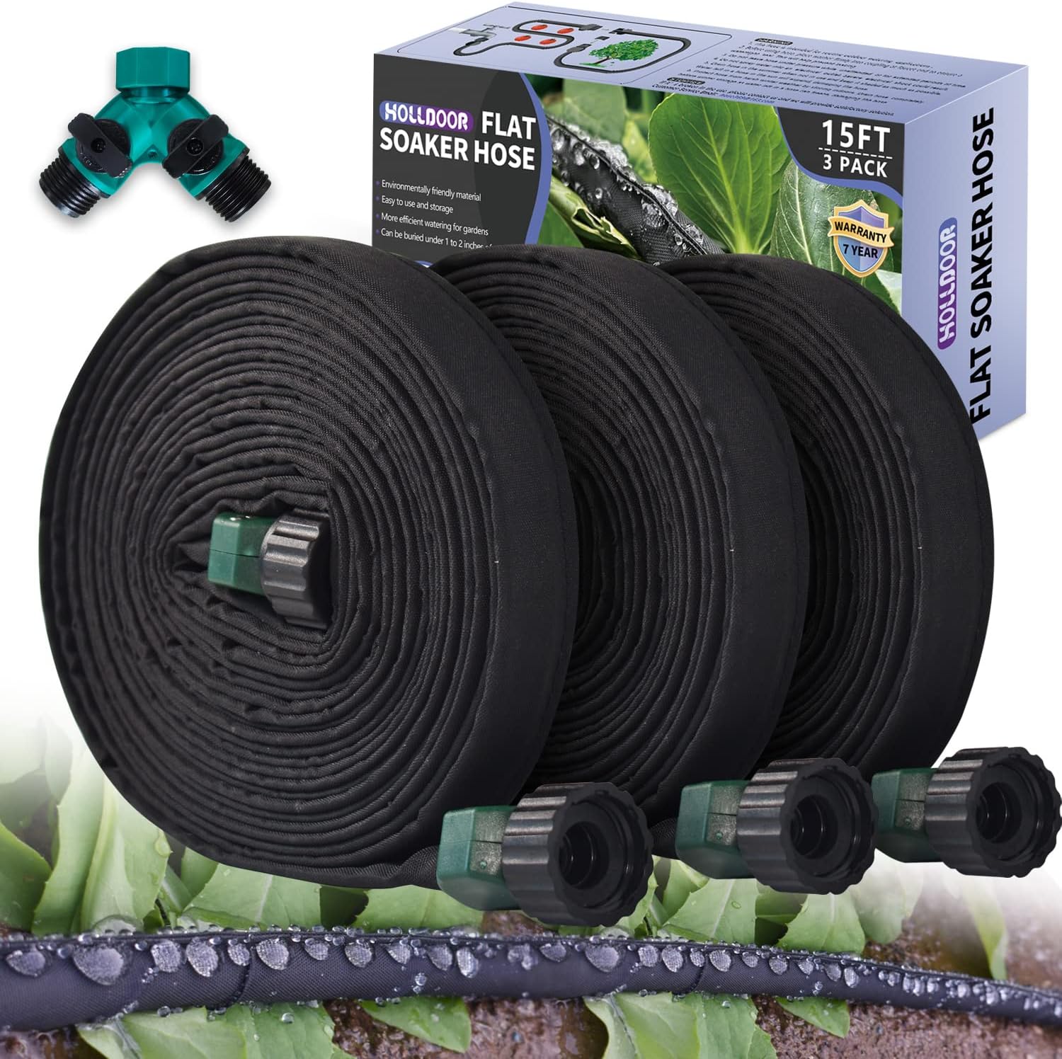 Paquete de 3 mangueras planas de 15 pies para camas de jardín con divisor de manguera de jardín, manguera de remojo de jardín de 15 pies para
