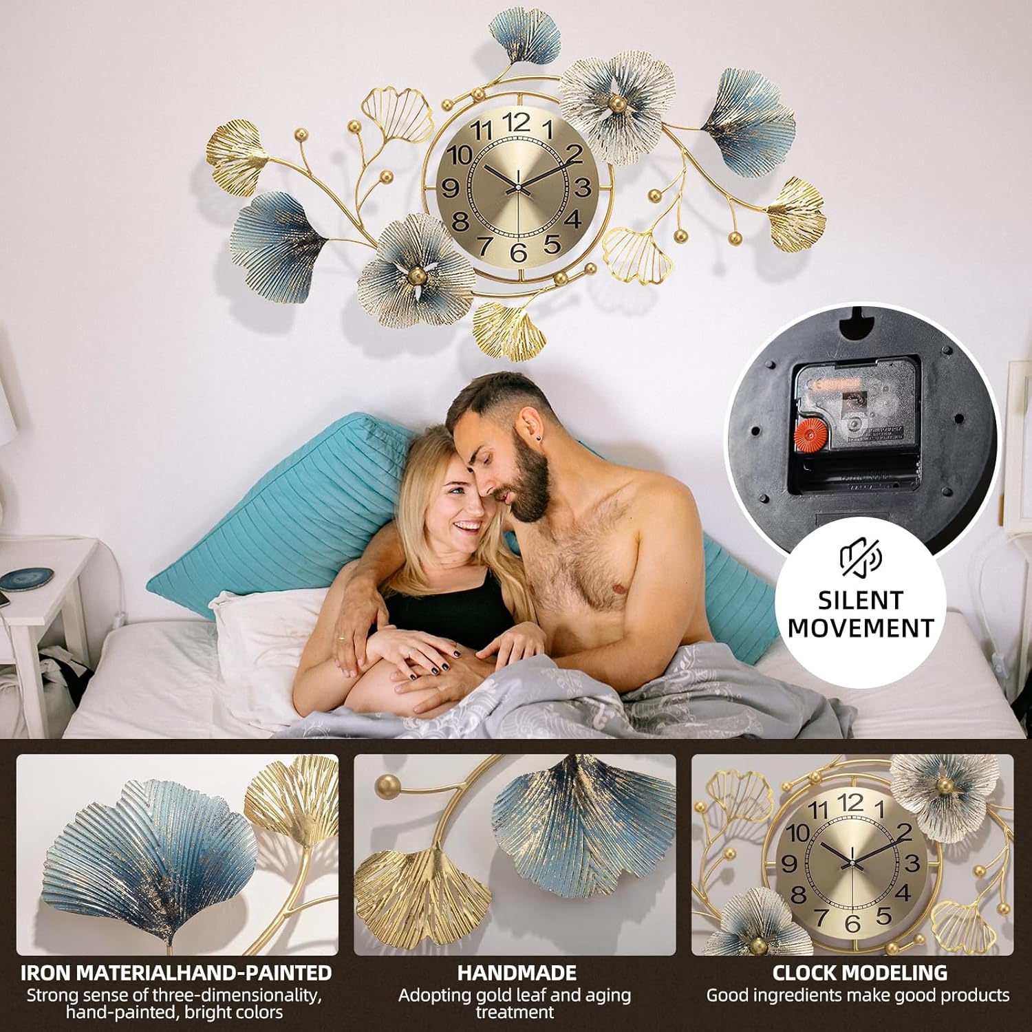 Reloj de pared grande de 33 pulgadas, silencioso, sin tictac, decorativo, de metal, hoja de ginkgo, diseño único, reloj de pared elegante para sala