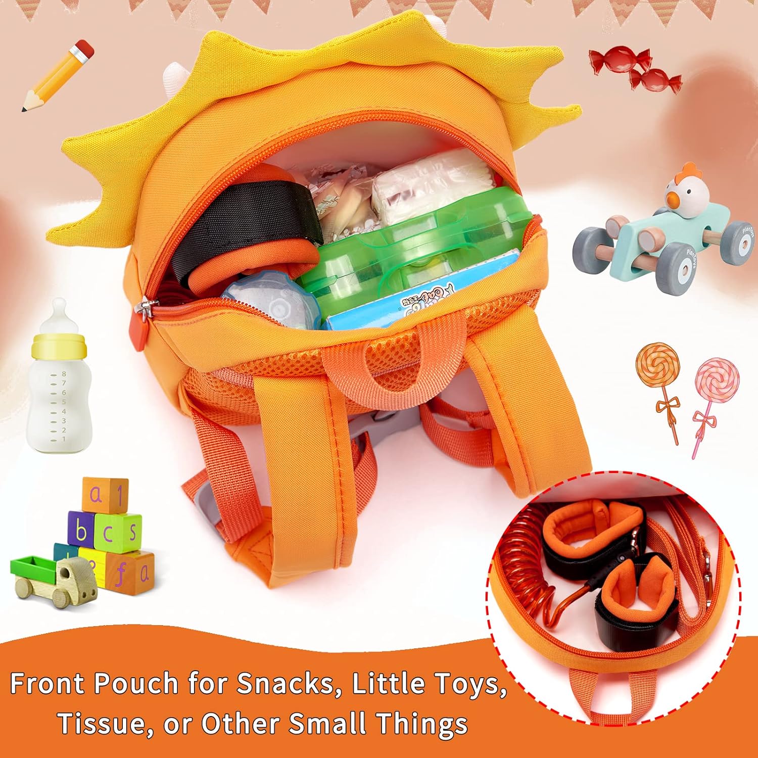 Accmor Arnés para niños y niñas, lindas mochilas de dinosaurio con eslabón de muñeca antipérdida, mochila infantil con correa para bebés niños y