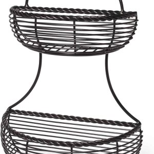 Gourmet Basics by Mikasa Cesta de almacenamiento de metal con respaldo plano de 2 niveles, color negro Gourmet Basics by Mikasa Cesta de almacenamiento de metal con respaldo plano de 2 niveles, color negro