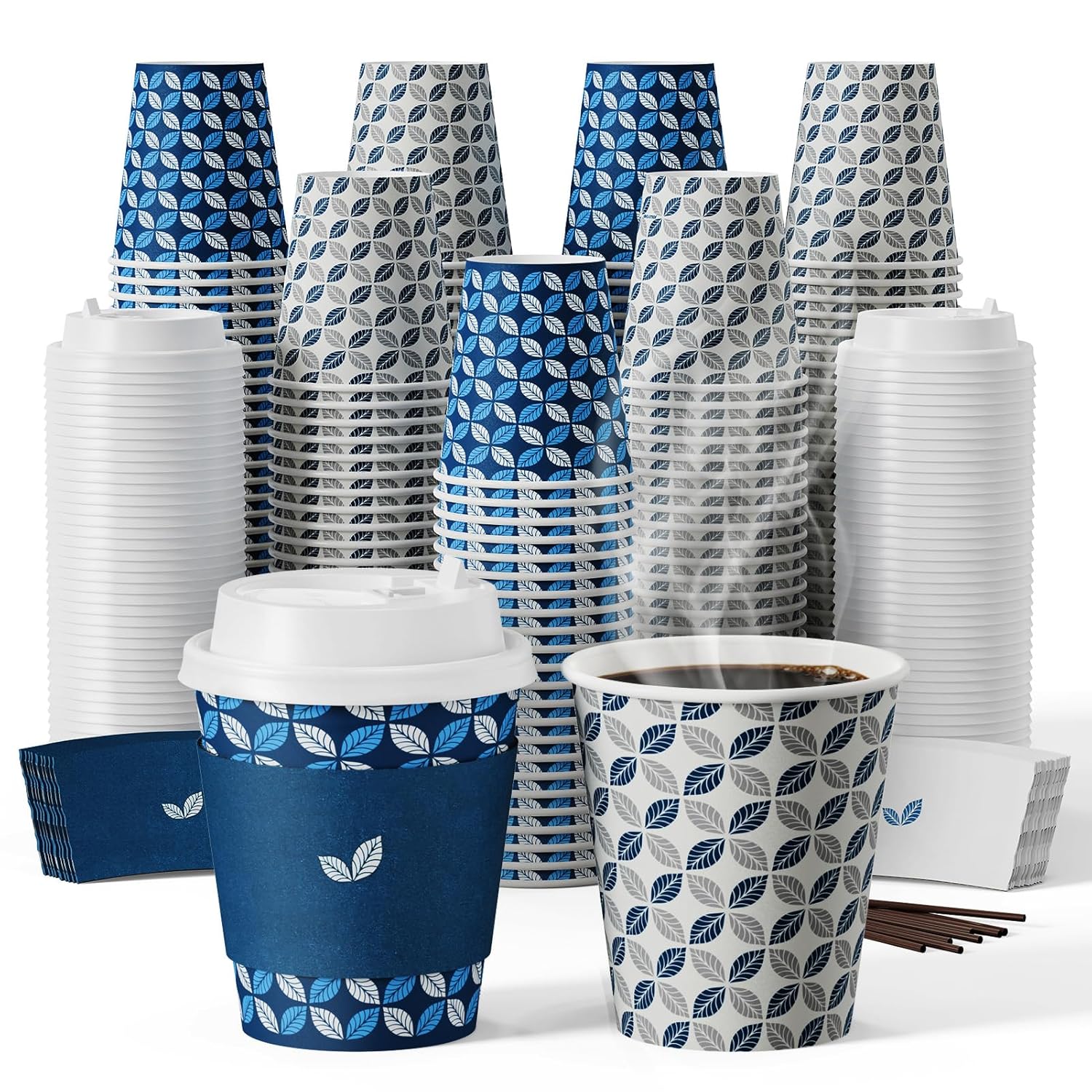 JOLLY CHEF Paquete de 100 tazas de café de papel de 10 onzas, vasos desechables de papel impreso con tapas, fundas y agitadores para el hogar,