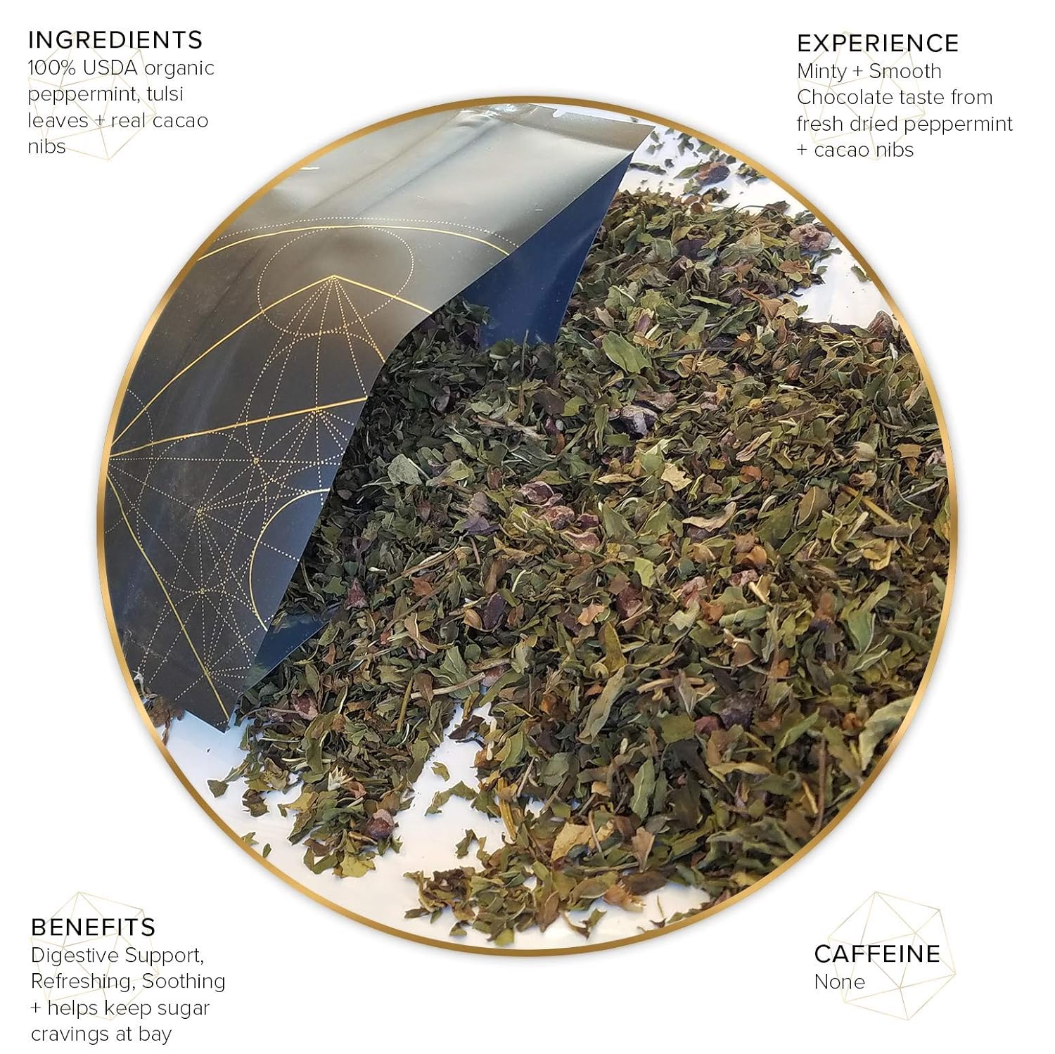 Té de hojas sueltas de menta y cacao (más de 25 tazas) A base de hierbas Sin cafeína Alivio del estrés Chocolate Menta té menta 100% puro +