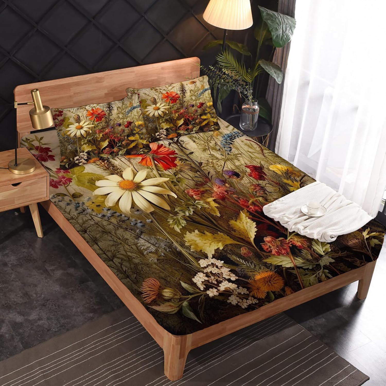zcsm Wildflower Sábanas tamaño Queen  Sábanas de cama botánicas florales, microfibra suave y bolsillo profundo, sábanas y fundas de almohada