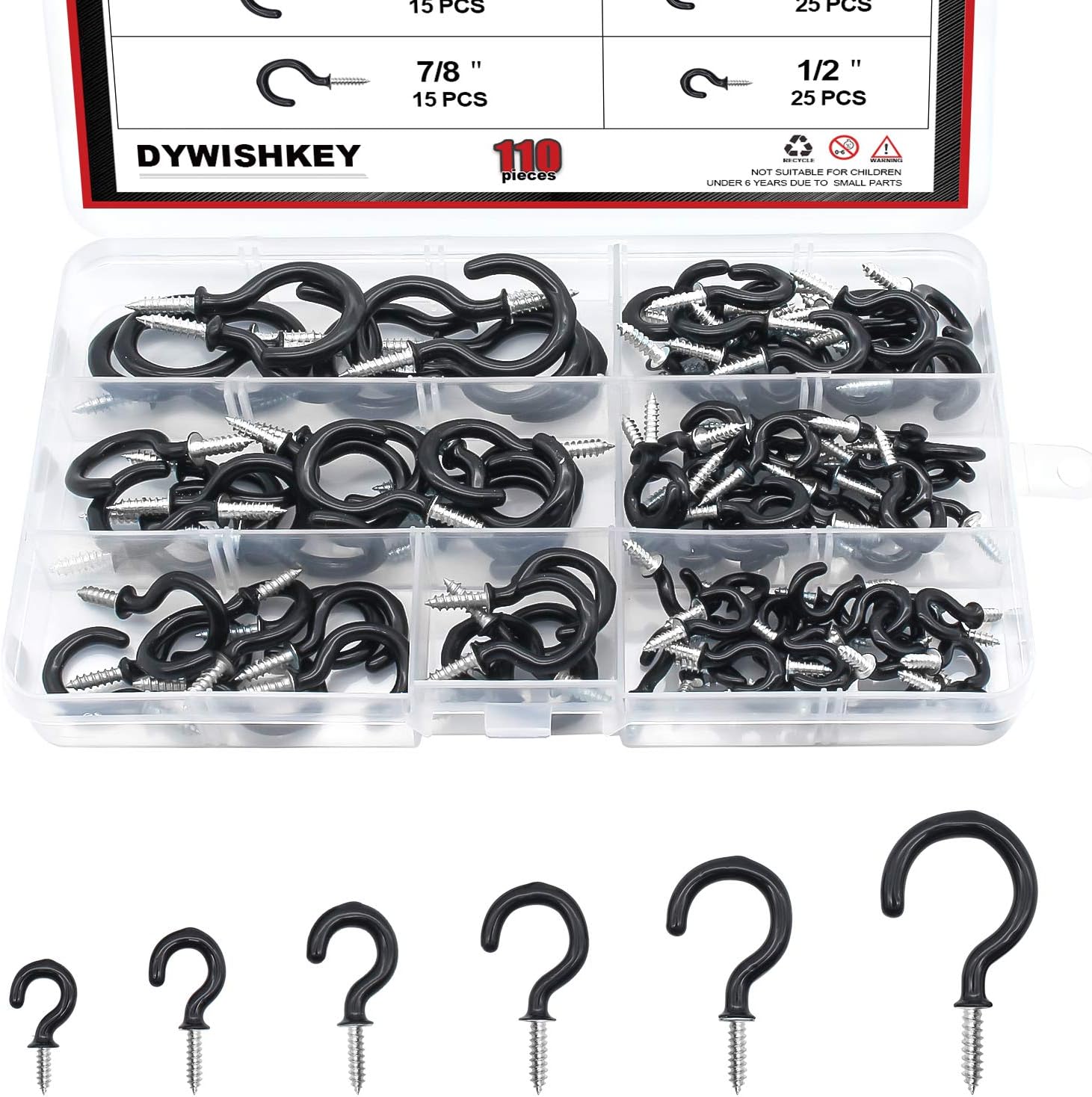 DYWISHKEY Ganchos de tornillo para colgar, 110 unidades, 6 tamaños, juego de ganchos para tazas, ganchos de techo recubiertos de vinilo, ganchos