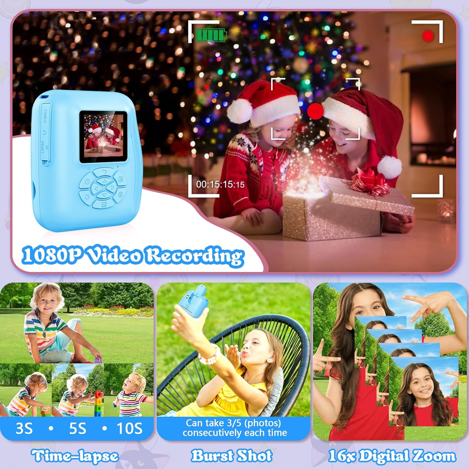 Cámara de impresión instantánea para niños, cámara digital 1080P, teléfono de video selfie conectado, regalo ideal para niños y niñas de 3 a 12 años