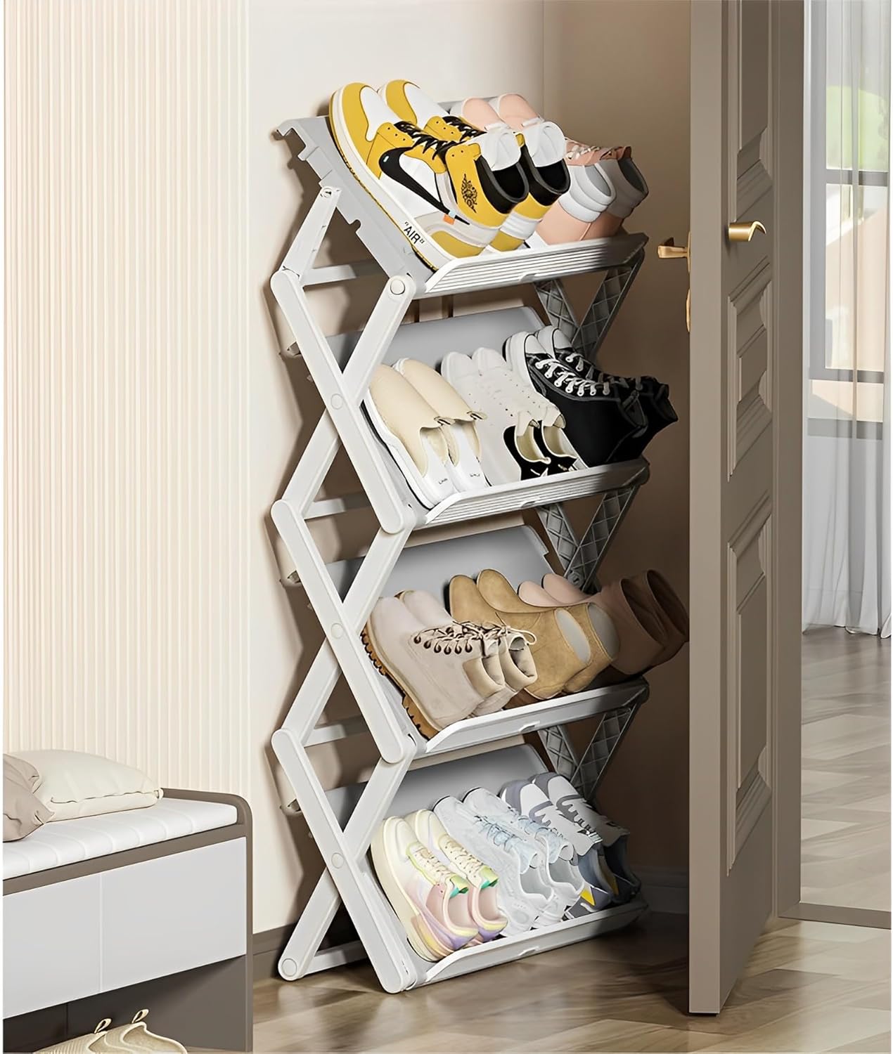 Zapatero plegable moderno de doble modo, 4 niveles de plástico moderno que ahorra espacio organizador de almacenamiento de zapatos para armario,
