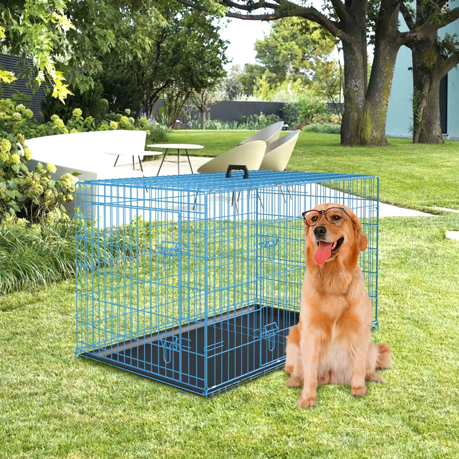 PayLessHere Jaula grande para perros medianos y grandes, jaula de metal para perros de doble puerta, plegable, para interiores y exteriores, con