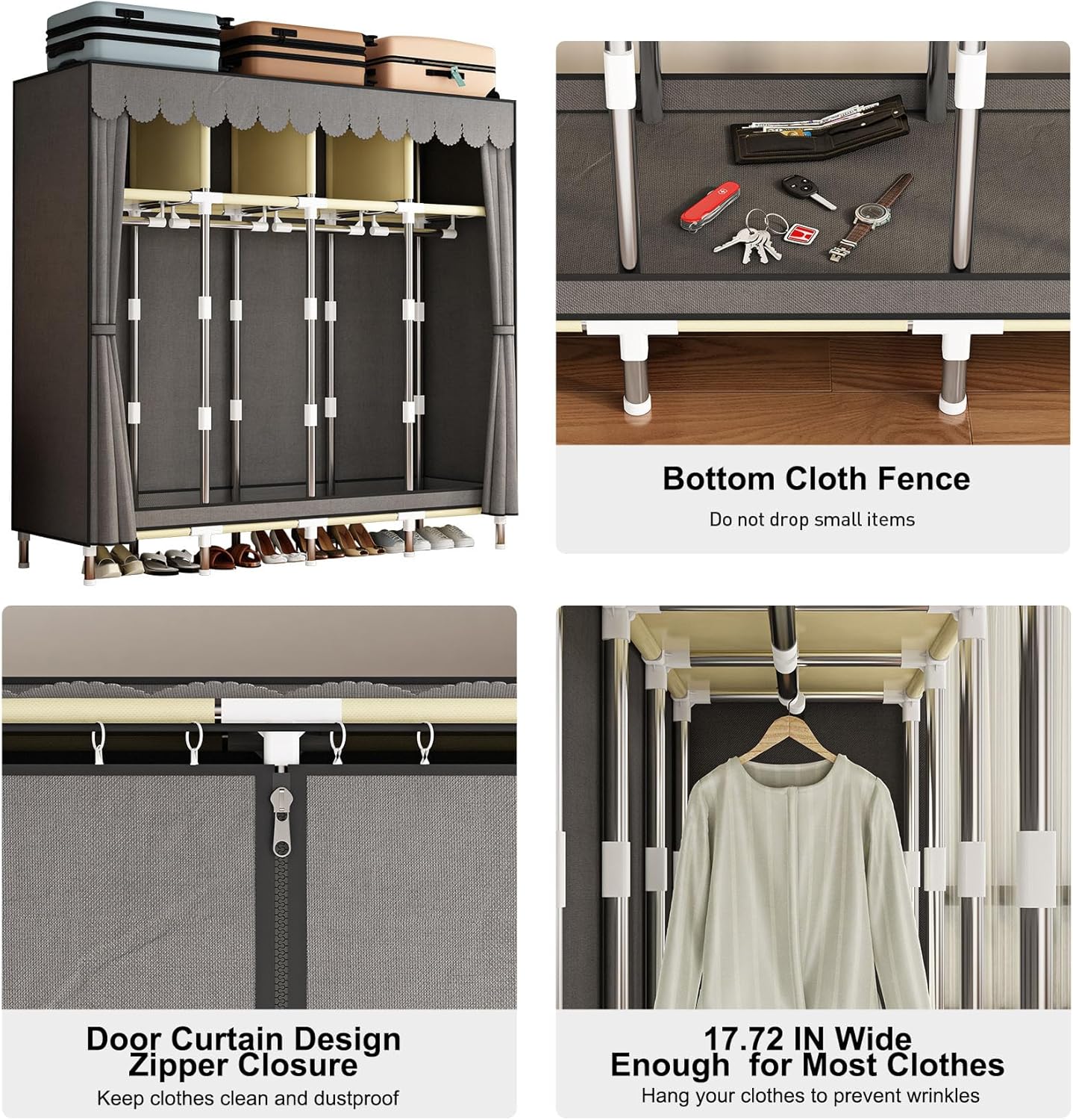 LEAIJIAFY Armario portátil grande para dormitorio, armario organizador de ropa, armario de Amories simple con cubierta de tela no tejida gris, tubo