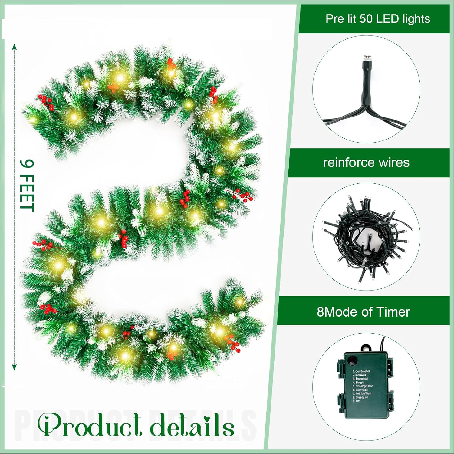 Joyhalo Guirnalda de Navidad de 9 pies con luces que funciona con pilas, guirnalda de Navidad preiluminada al aire libre para manto, guirnalda de
