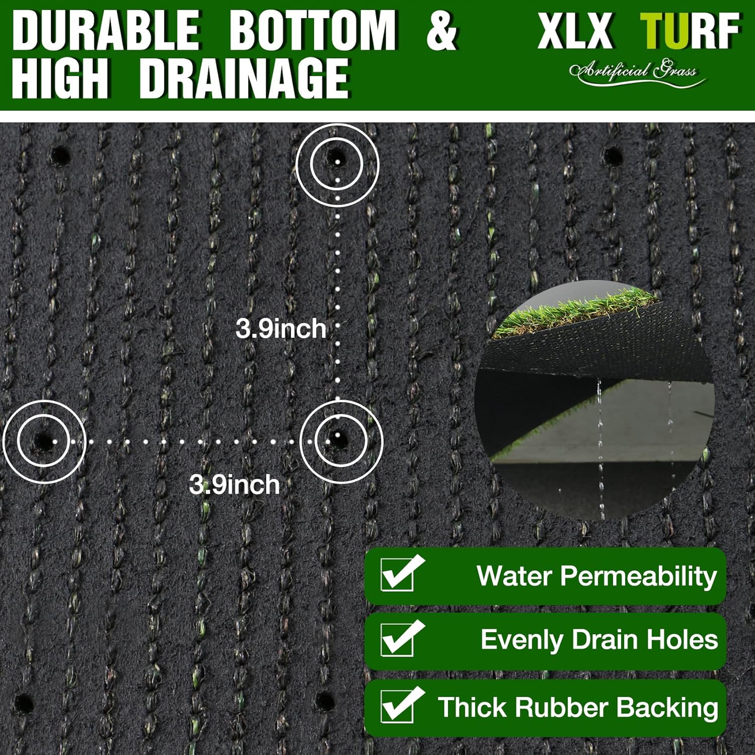 XLX TURF – Alfombra con césped artificial, de 3 x 3 pies, tapete cuadrado para interiores y exteriores, para mascotas, balcón, patio, jardín, paisaje