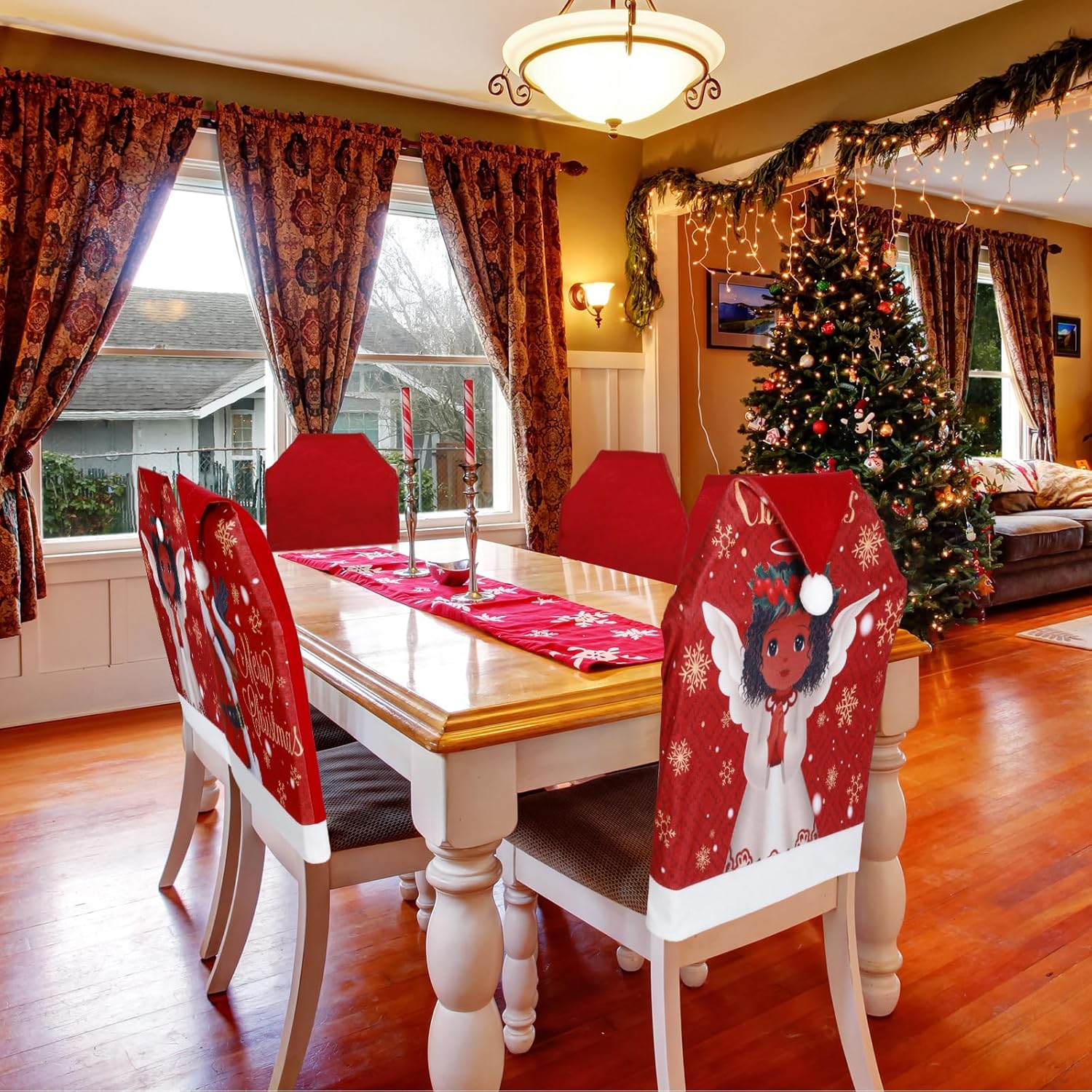 6 fundas para sillas de Navidad, decoración de Papá Noel, sombrero rojo, negro, Papá Noel, estilo ángel africano, funda para silla, cubierta