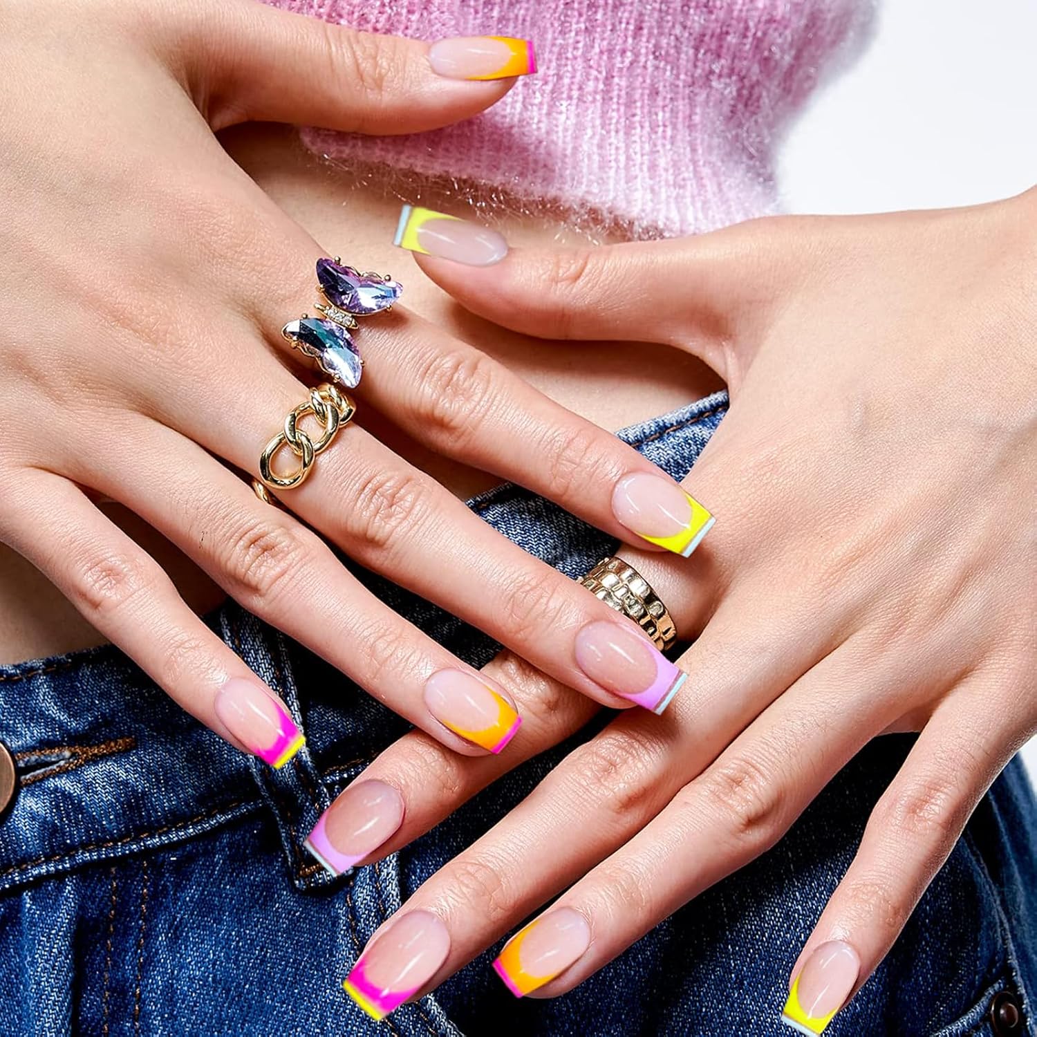 Uñas postizas francesas a presión, uñas cortas a presión, uñas acrílicas a presión, uñas postizas con diseños, uñas adhesivas, 24 unidades