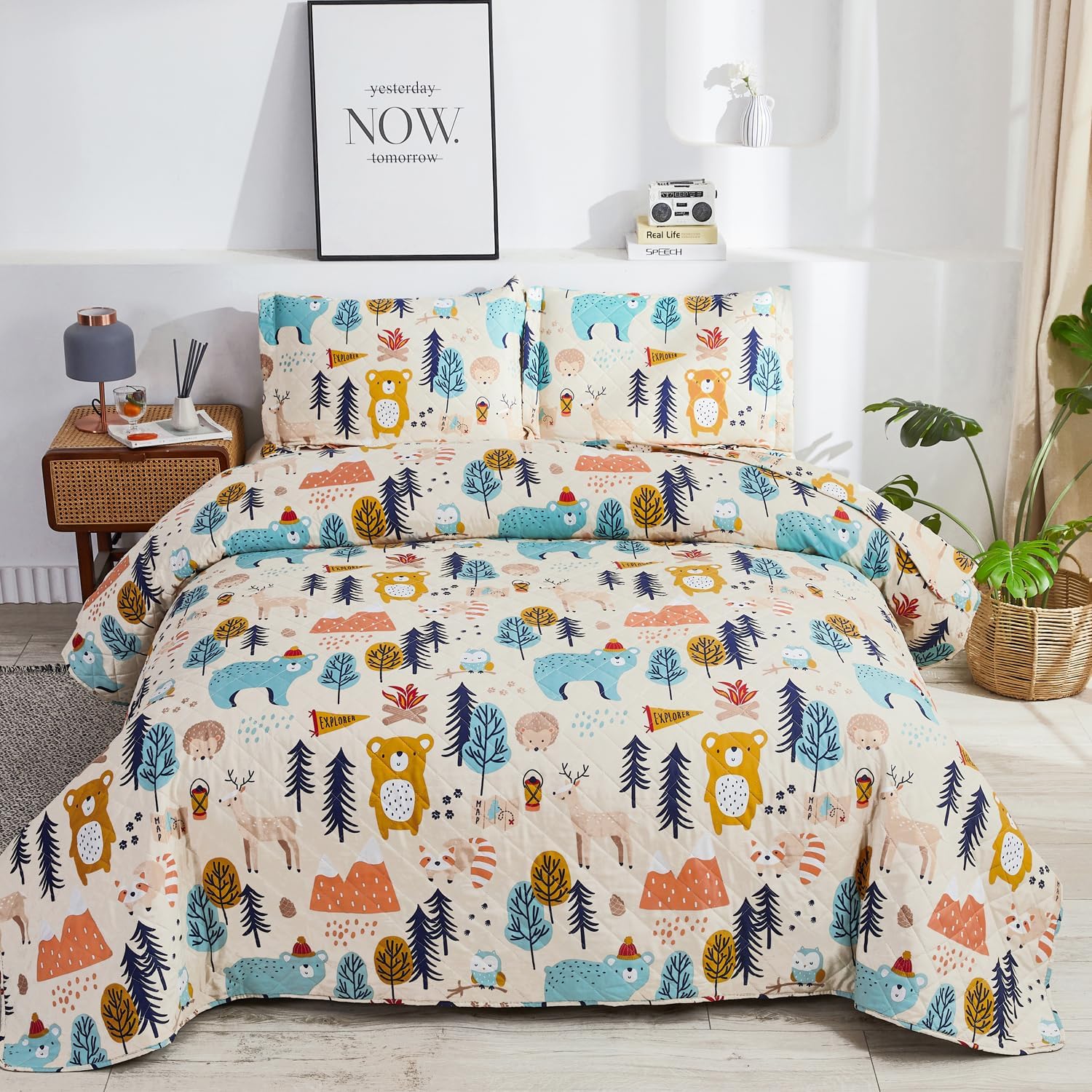 Juego de edredón para niños, tamaño individual, 3 piezas de oso de dibujos animados, reversible, diseño de animales del bosque, juego de edredón