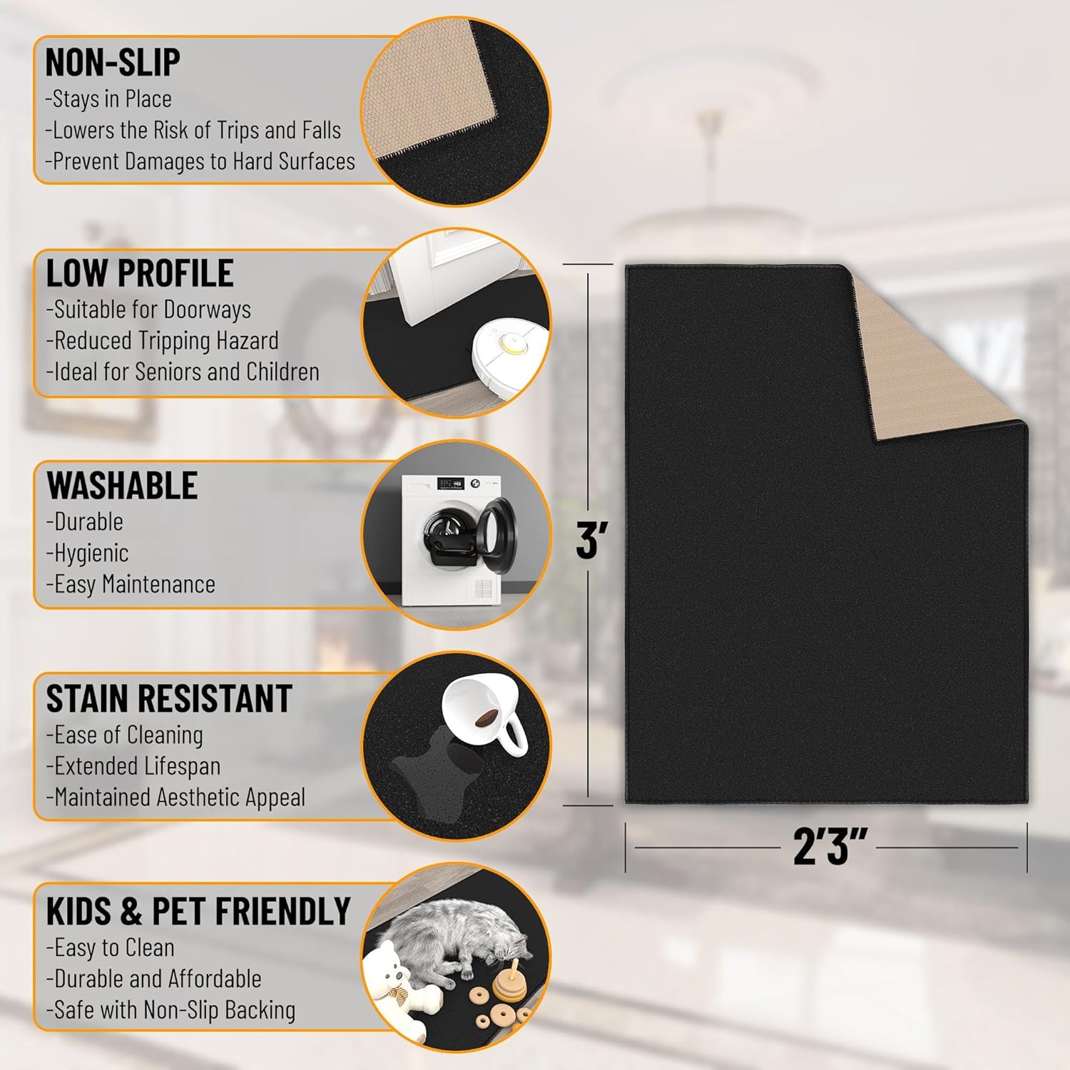 Sweethome Collection – Tapete de goma con respaldo de goma, 2 pies 3 pulgadas x 3 pies, color negro