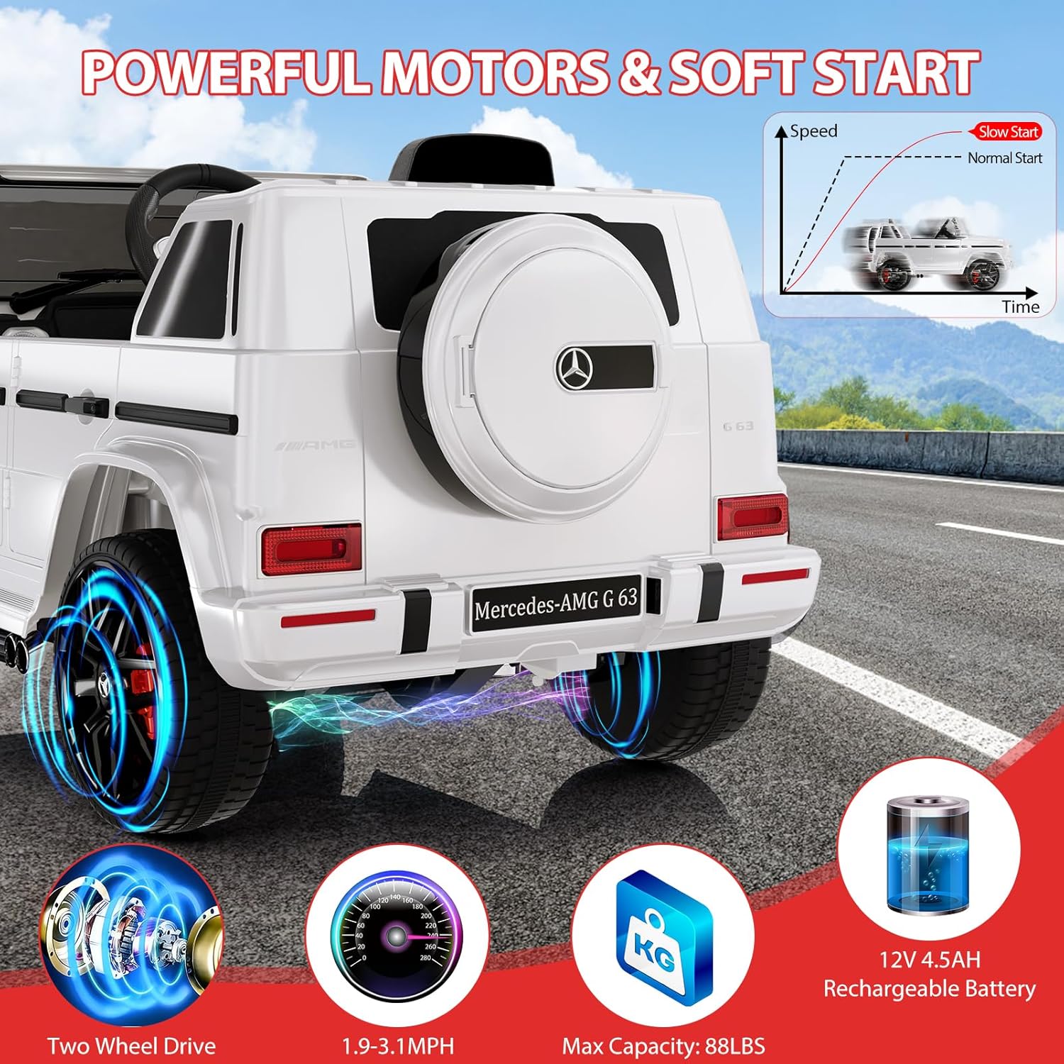 Auto eléctrico Mercedes Benz G63 de 12 V con licencia con control remoto, música, suspensión de resorte, luz LED, Bluetooth, bocina, AUX, bloqueo de