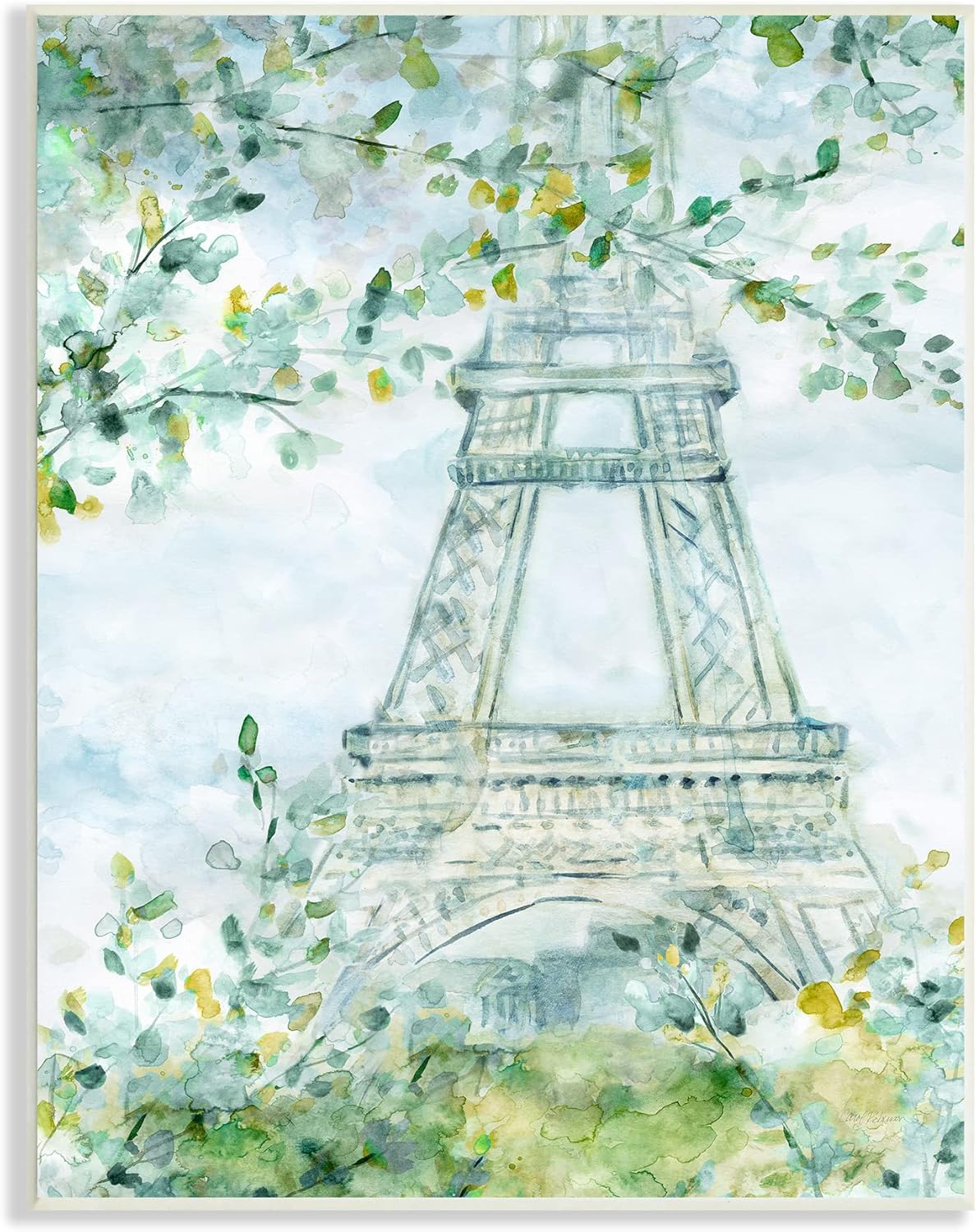 Stupell Industries Acuarela Torre Eiffel Pintura Suave Hoja Verde Árboles Placa de Pared, 10 x 15