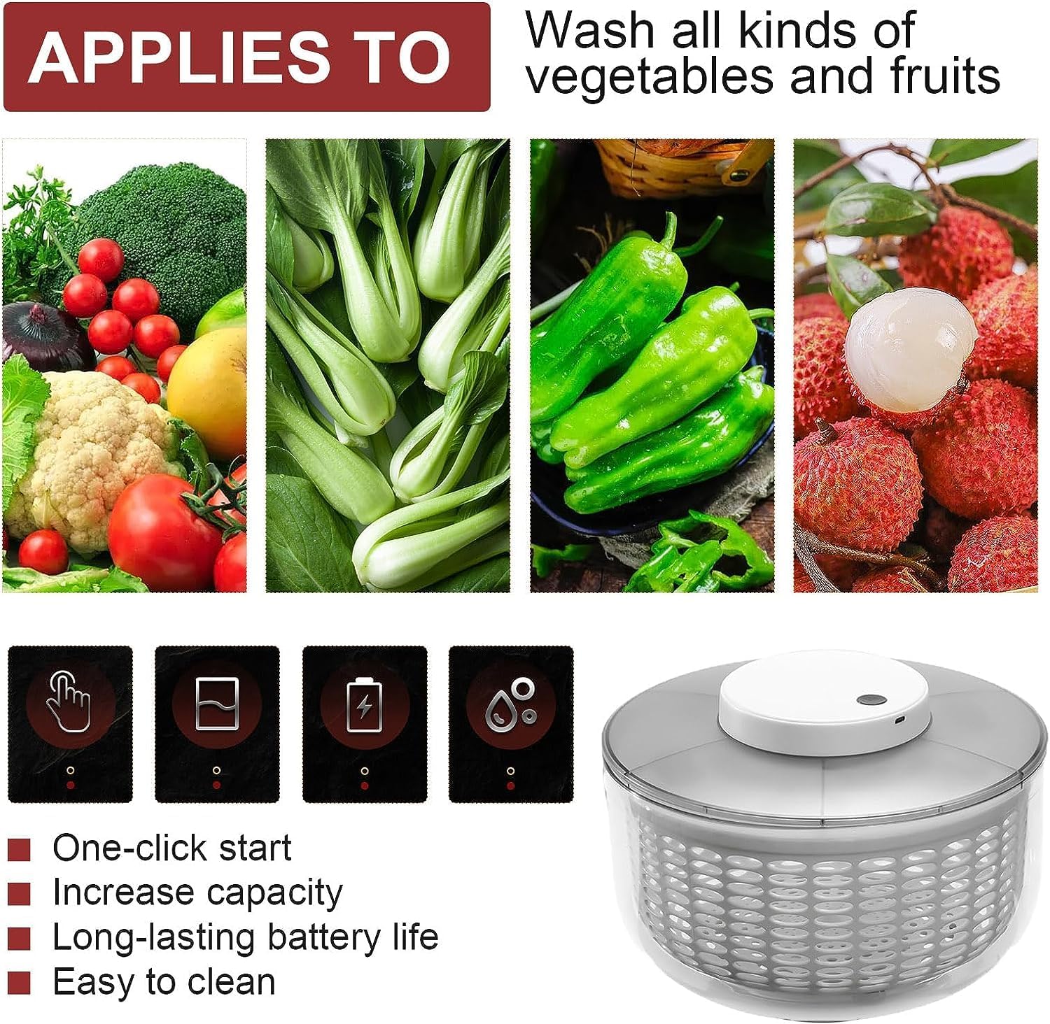 Girador eléctrico de ensalada de 6.3 cuartos de galón con botella de plástico para apretar, lavadora de frutas con cuenco y colador, mezclador