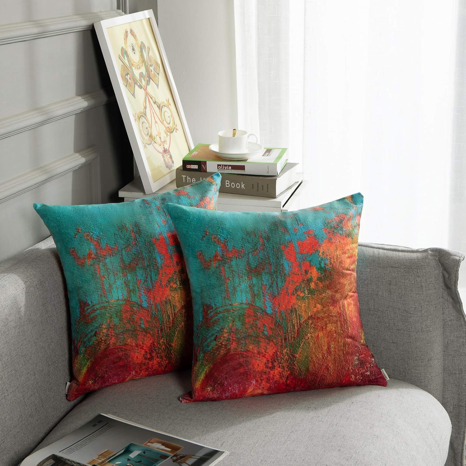 Britimes Juego de 2 fundas de almohada decorativas con pintura al óleo abstracta para dormitorio, sala de estar, sofá, turquesa, naranja quemado