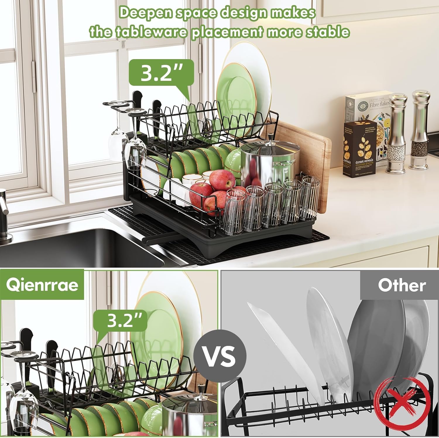 Qienrrae – Escurridor grande para platos, de acero inoxidable, con 2 niveles y drenaje para la encimera de la cocina, tiene soporte para copas de