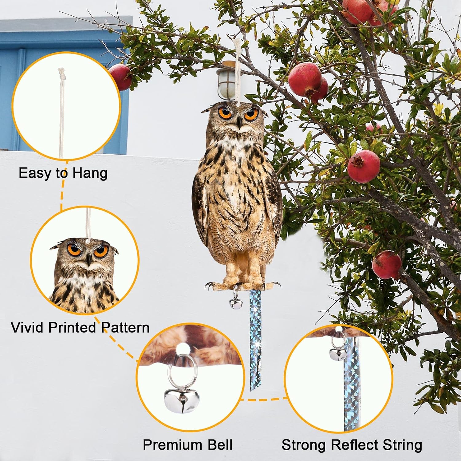 Búho para mantener alejados a los pájaros, paquete de 5 búhos falsos, búho falso reflectante, decoración de pájaro colgante reflectante, búho