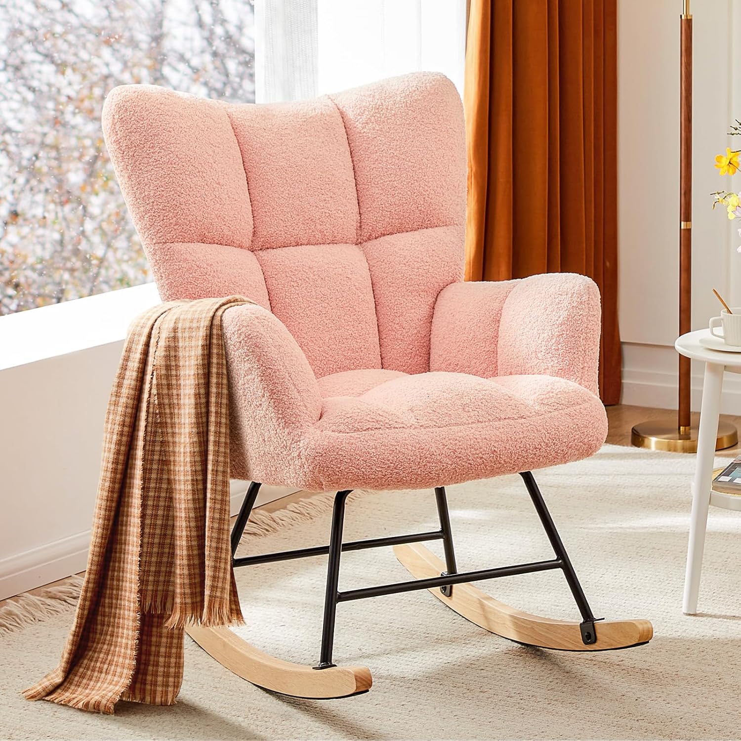 Sweetcrispy Mecedora para guardería, deslizador tapizado de peluche con respaldo alto, asiento acolchado, sillón reclinable de acento moderno,