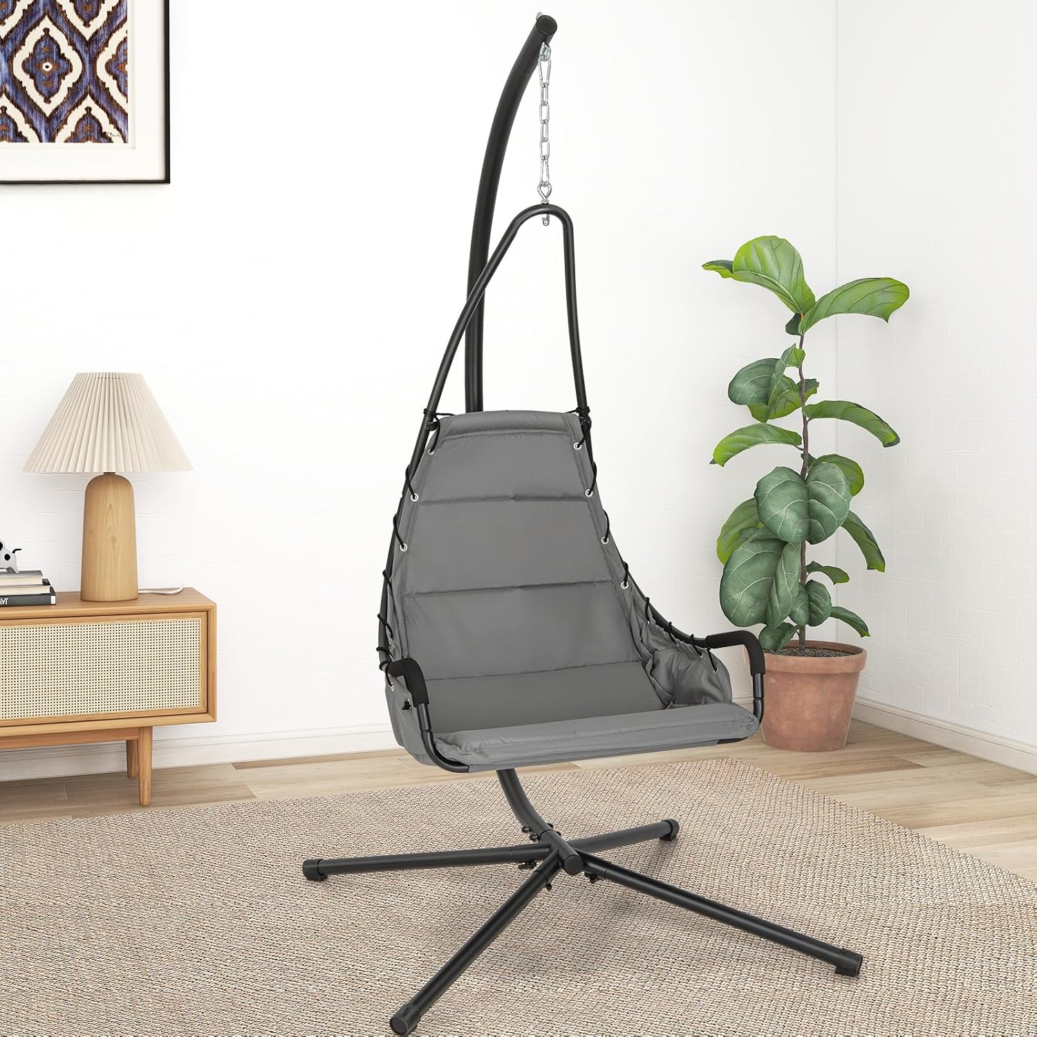 Giantex Silla colgante con soporte, hamaca columpio con asiento acolchado extragrande, marco de metal resistente, silla hamaca para interiores y