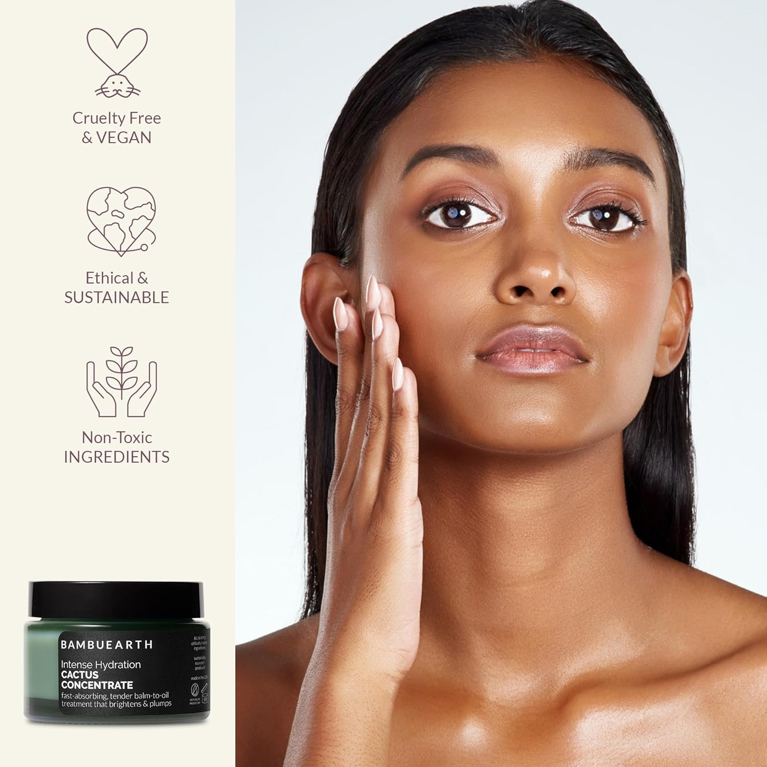 BambuEarth Concentrado de cactus de hidratación intensa, hidratante facial, ingredientes orgánicos y certificado EWG, fórmula para el cuidado de la
