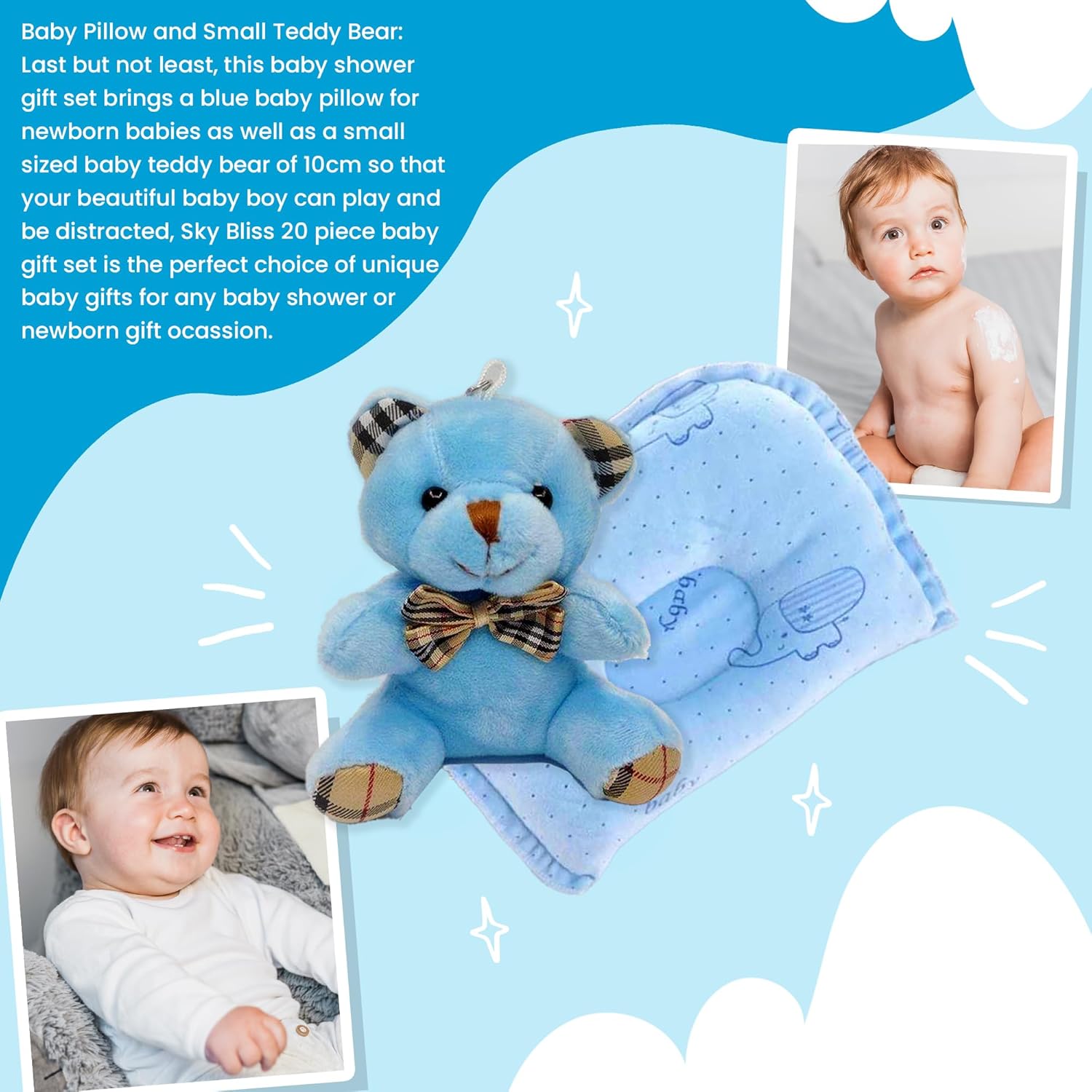 Set de regalo para bebé de 20 piezas (azul), juego de regalo para bebé recién nacido, ropa de bebé, oso de peluche, chupete, kit de aseo para bebé,