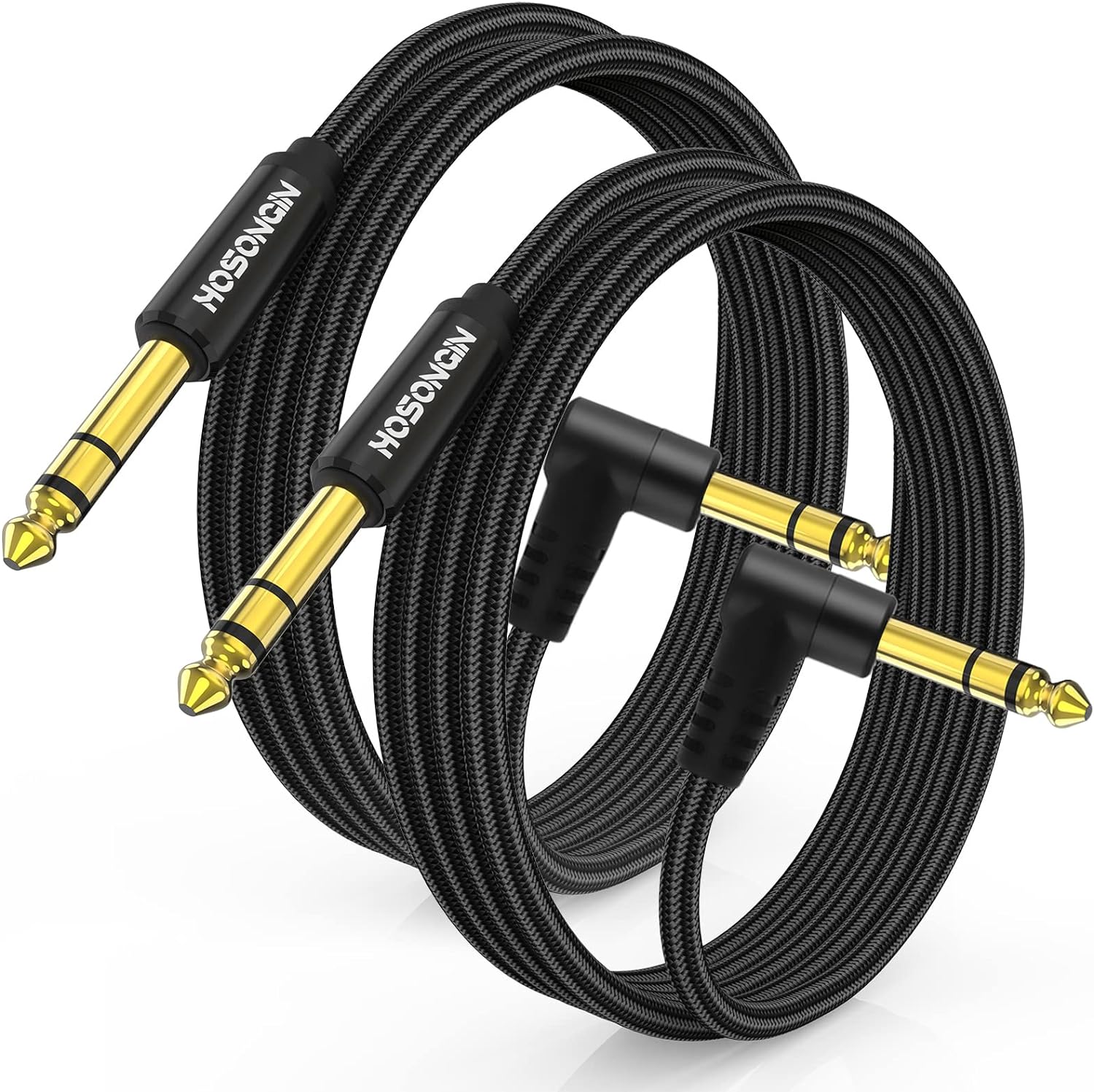 HOSONGIN Cable TRS para instrumentos de 14 de pulgada, paquete de 2 unidades de 10 pies, cable de audio estéreo macho de ángulo recto a recto de