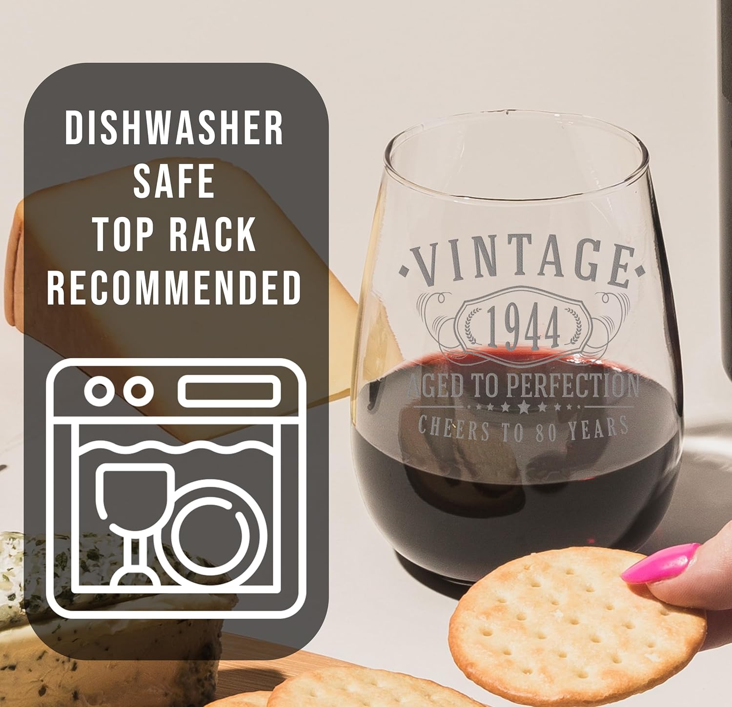 Copa de vino grabada vintage de 17 onzas sin tallo de 17 onzas  Regalos de feliz cumpleaños 80 para mujeres y hombres, saludos a cumplir 80 años,