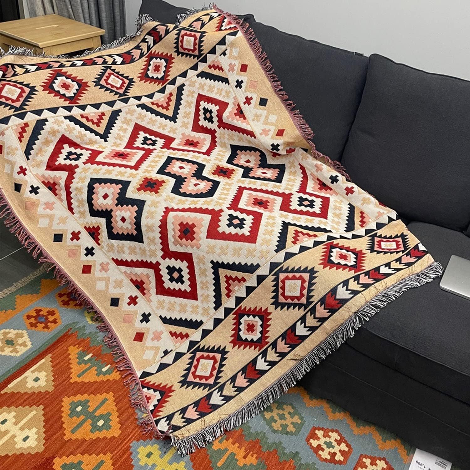 CCHYF Manta azteca del suroeste, manta nativa americana, reversible, decoración bohemia con borlas, manta mexicana para sofá, cama, sala de estar,
