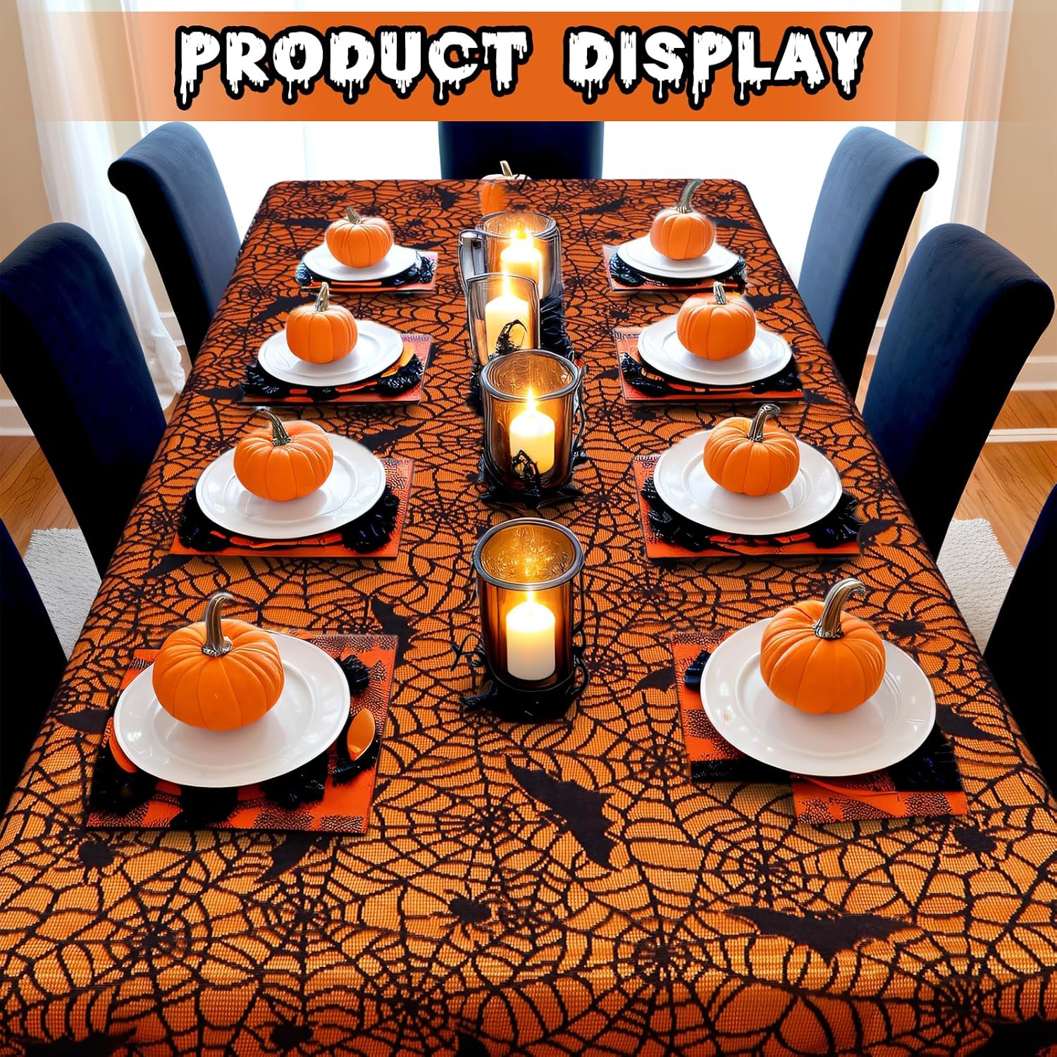 OurWarm 2 manteles de Halloween, mantel rectangular de poliéster con encaje negro y forro naranja, funda de mesa de tela de araña para decoraciones