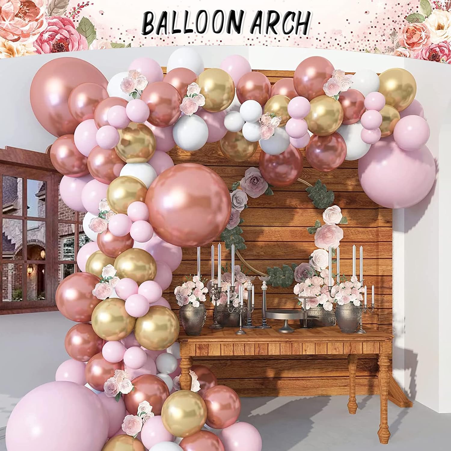 Decoraciones florales de feliz cumpleaños para mujer, 131 piezas de suministros de fiesta de cumpleaños con flores de oro rosa, incluyendo telón de