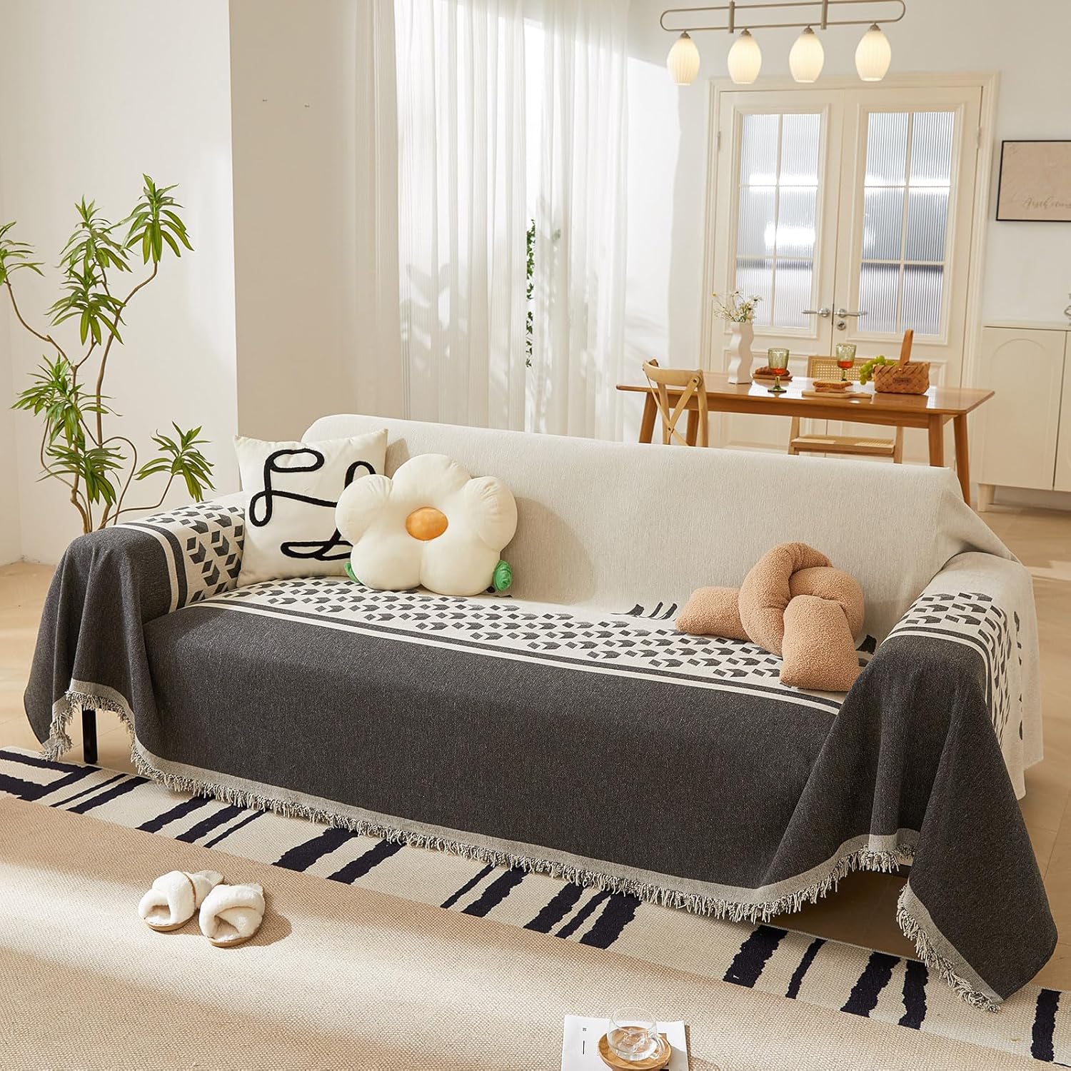 STACYPIK Funda gruesa geométrica bohemia para sofá, protector de muebles, manta suave con borlas, borde a rayas, en forma de L, funda de sofá