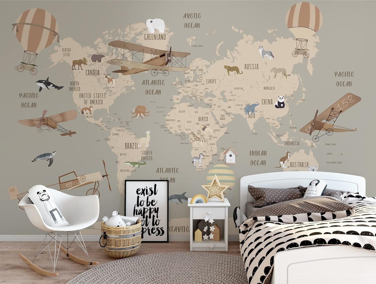 Kids Map Wallpaper World Map Wall Mural Beige Map Wallpaper Map Wall Art Airplane Hot Air Balloon Wall Print Kids Room Wallpaper Mural