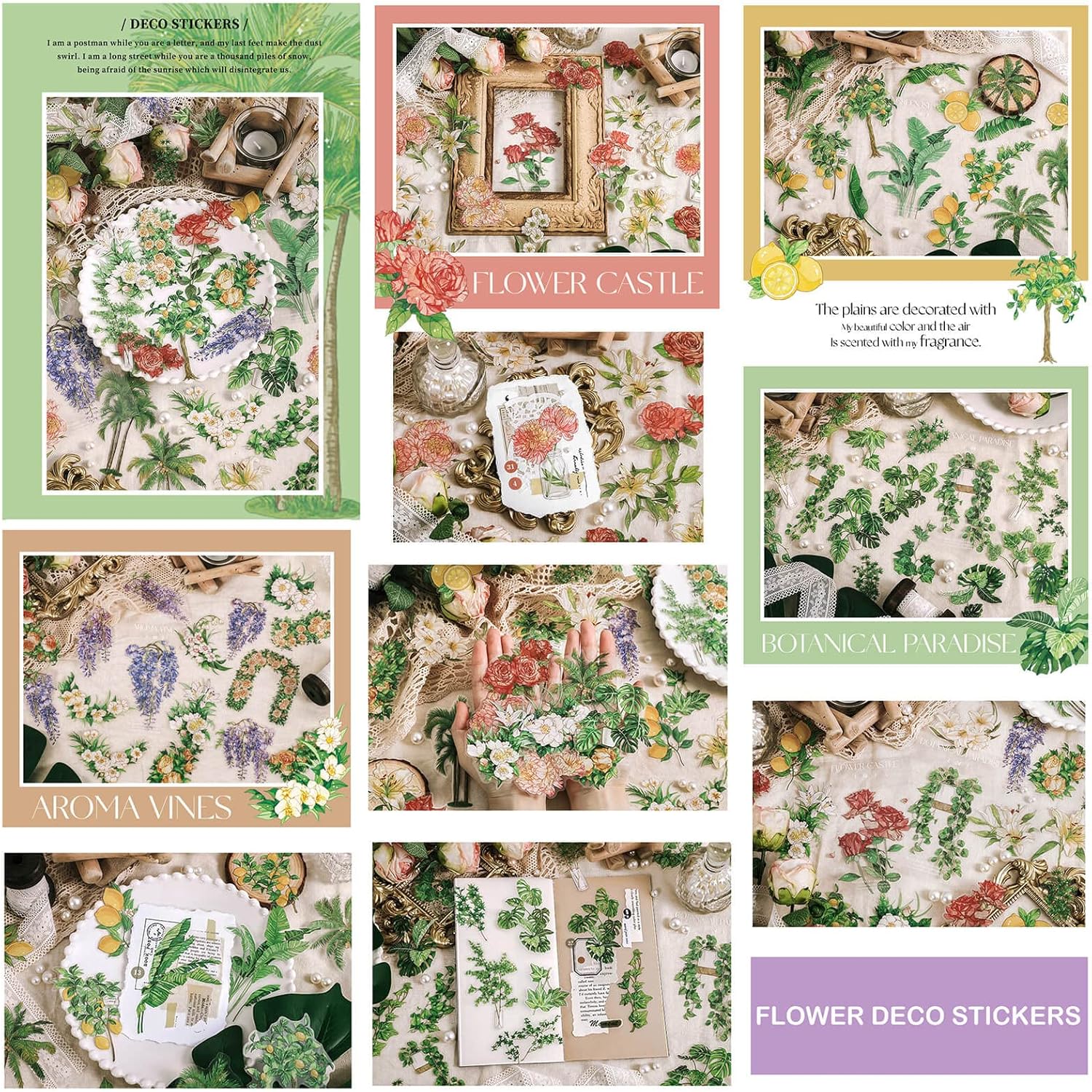 Maxleaf – 60 calcomanías impermeables transparentes  Maxleaf colección de plantas vintage y flores, calcomanías impermeables de gran tamaño para