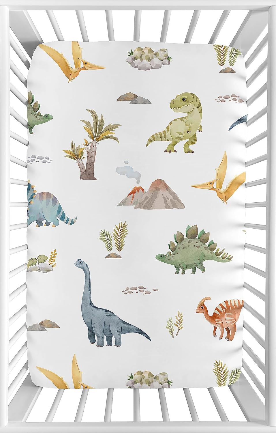 Sweet Jojo Designs Acuarela Dinosaurio Dino Boy Sábana bajera para cuna para bebé, cuarto de bebé, habitación de recién nacido, portátil, paquete y