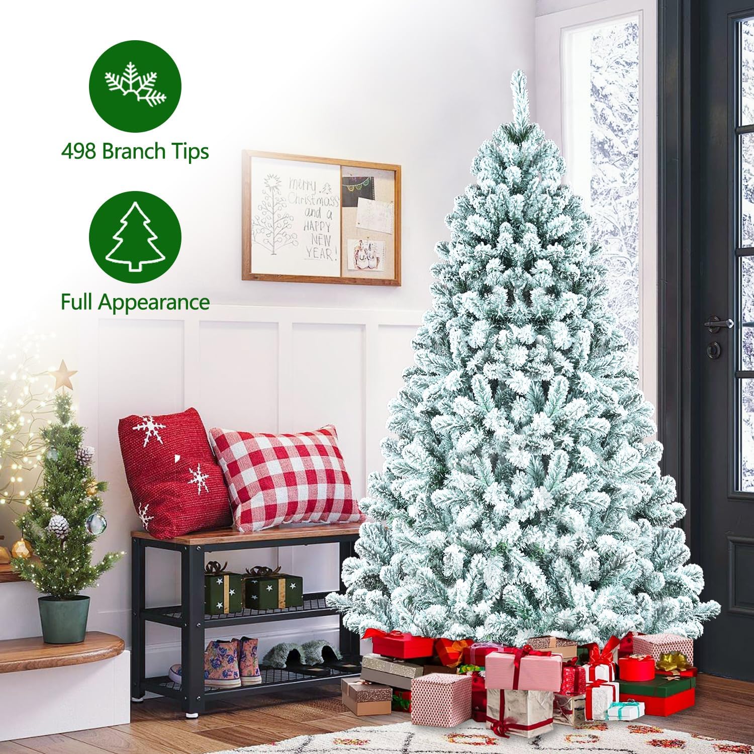 Árbol de Navidad artificial flocado de 5 pies, árbol de Navidad blanco para el hogar, oficina, vacaciones, fiesta, decoración interior y exterior,