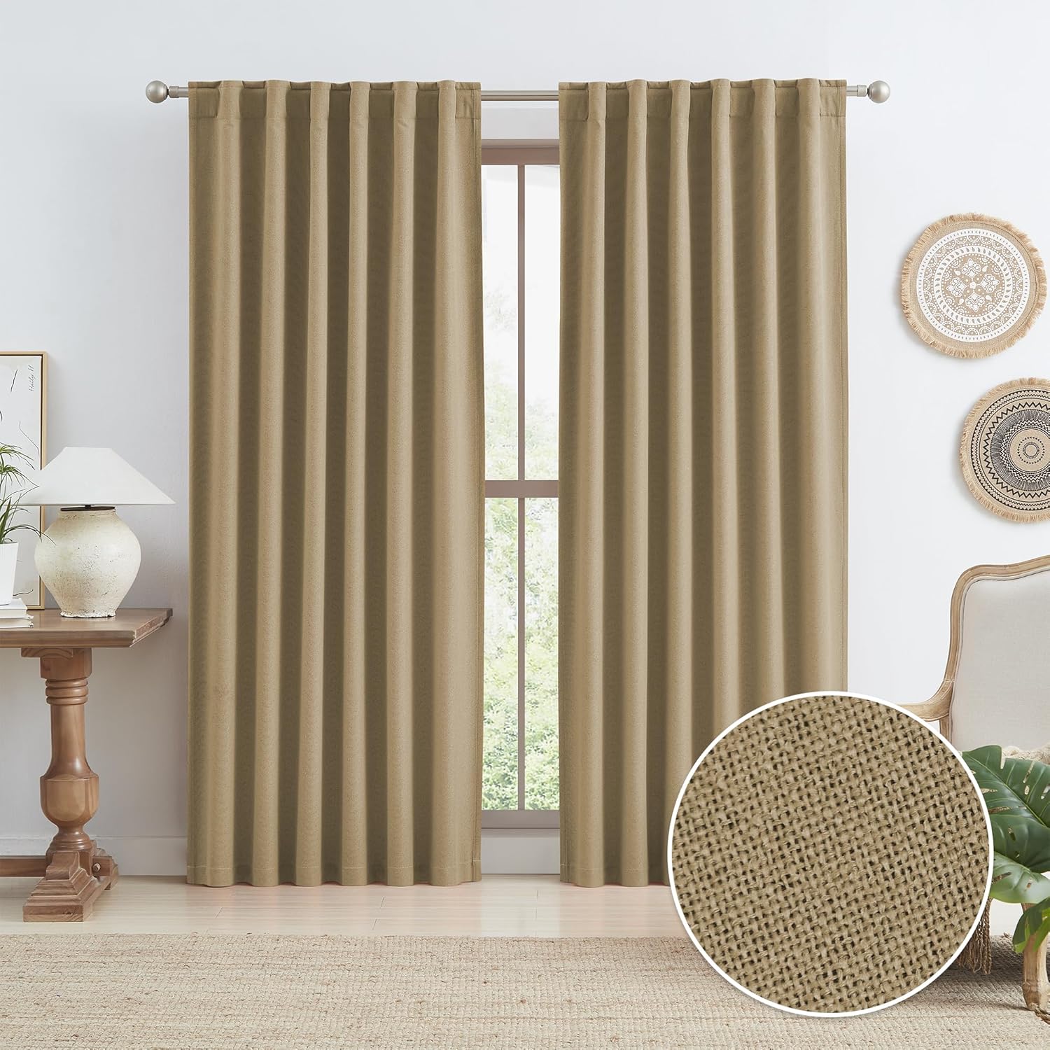Cortinas de arpillera de color rústico para sala de estar de 84 pulgadas de largo, cortinas opacas con textura de lino natural, decoración
